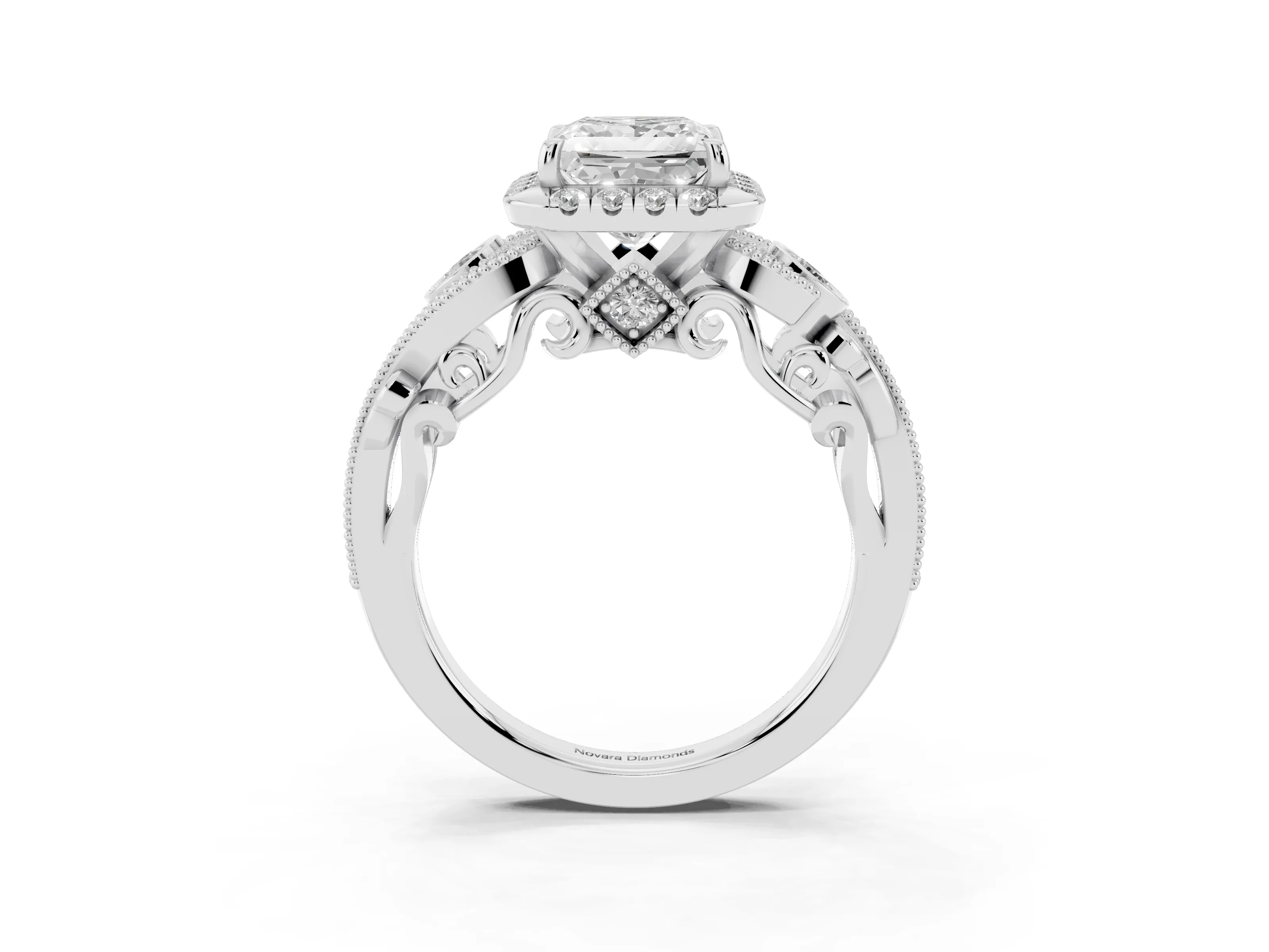 Princess Cut Diamond Halo Split Shank Ring Set in Silver with Milgrain and Bezel Accents