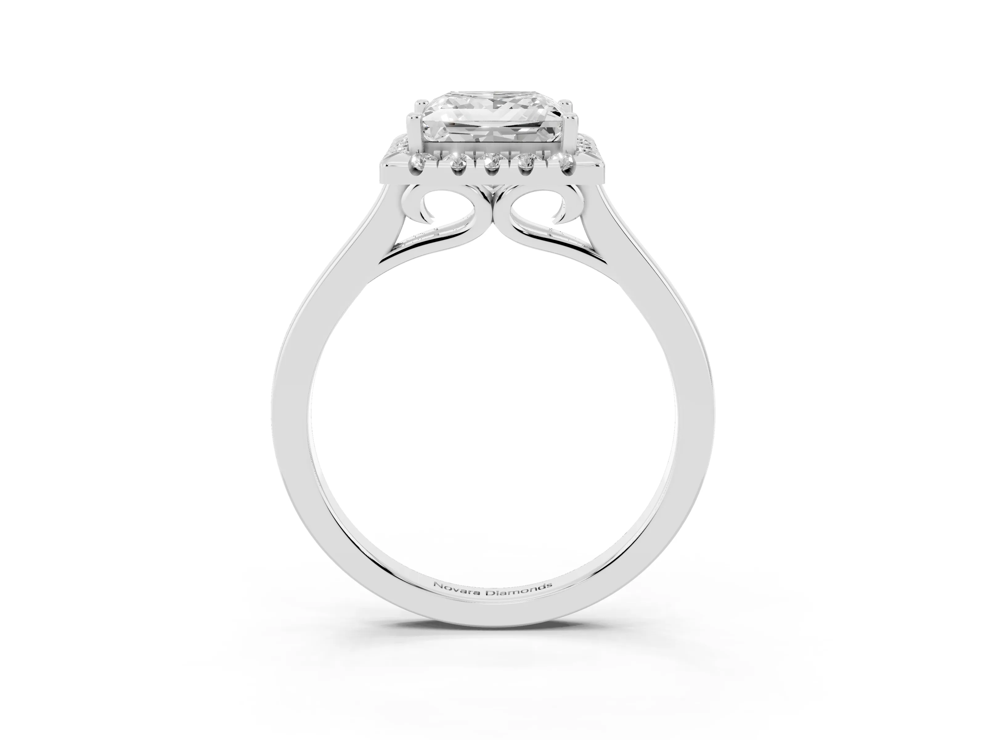 Princess Cut Halo Round Diamond Solitaire Ring Set in White gold with Pavé Band and Prong Setting