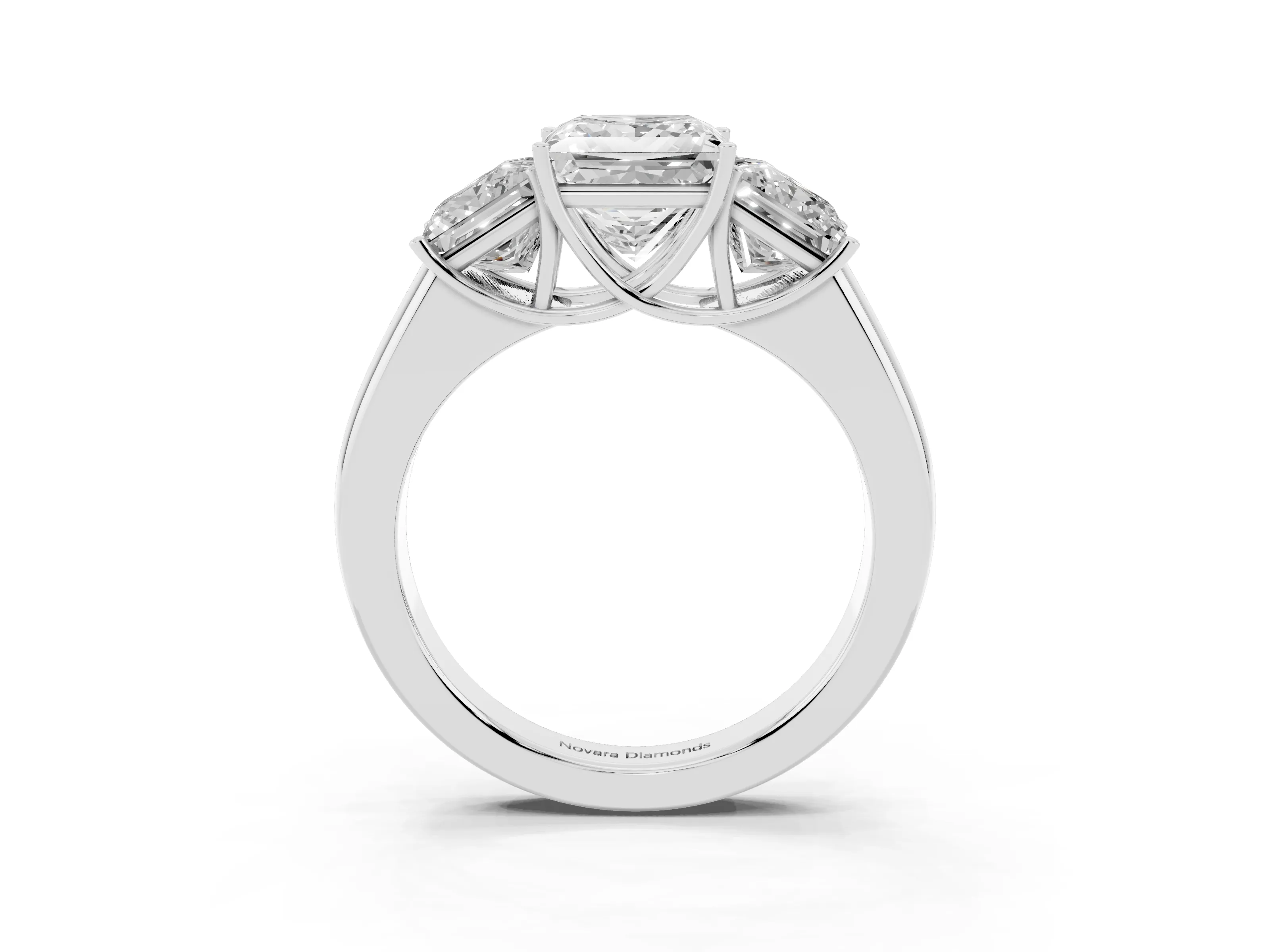 Three-Stone Princess Cut Diamond Ring Set in White gold with Matching Prong Settings and Plain Band