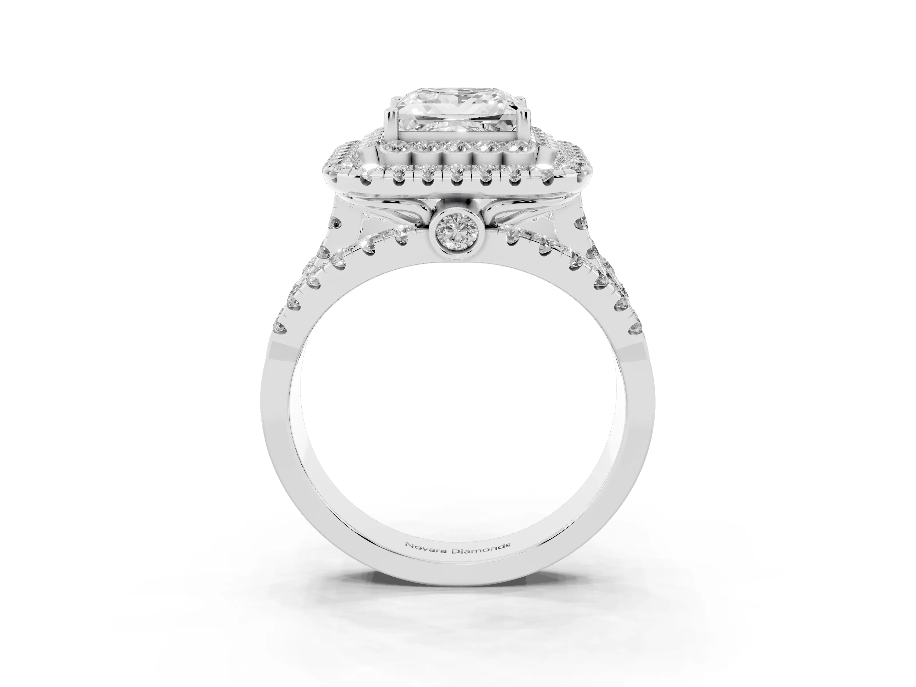 Princess Cut Diamond Double Halo Ring Set in White gold with Round Pavé Split Shank