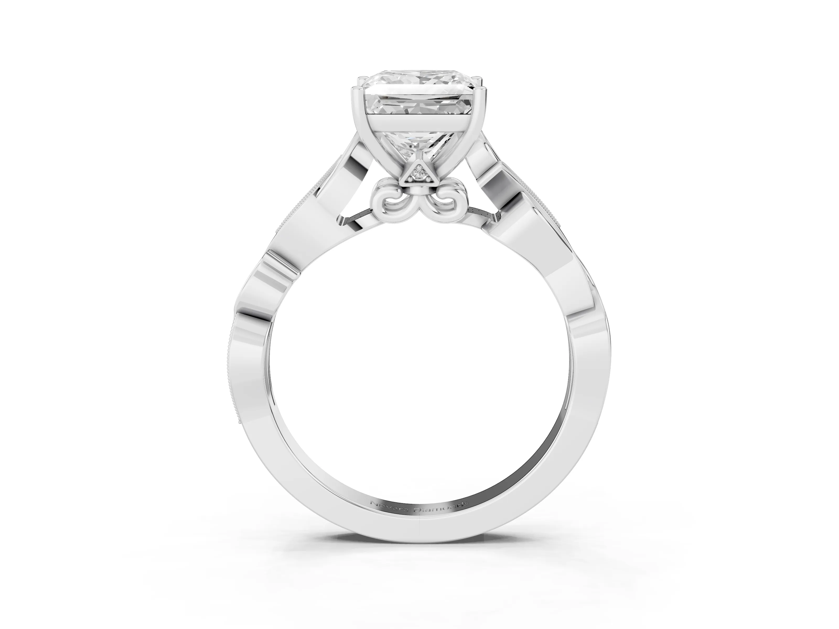 Princess Cut Diamond Vine Band Solitaire Ring Set in Silver with Milgrain Prong Setting