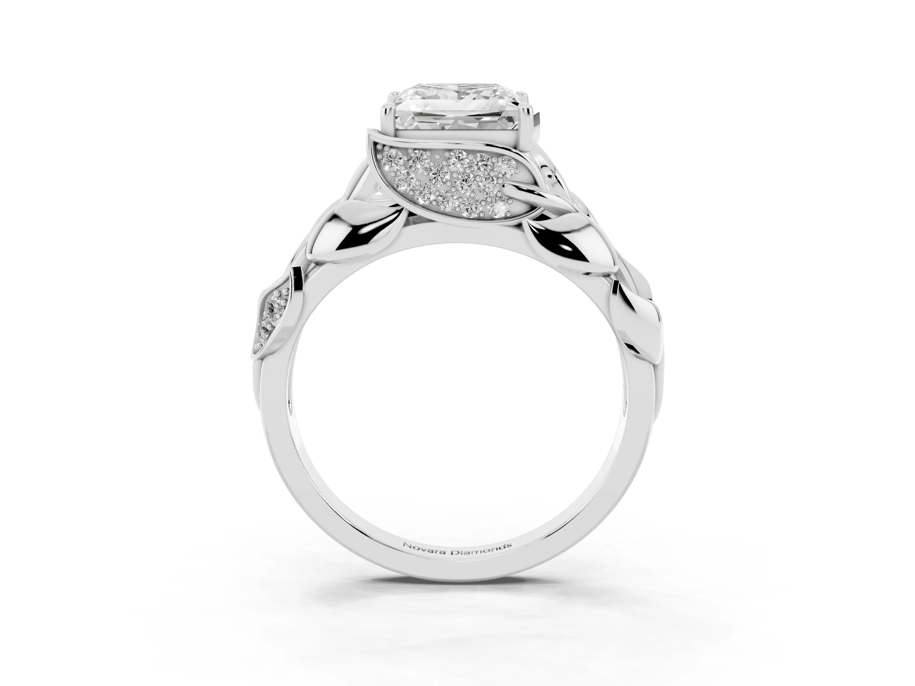 Princess Cut Diamond Leaf-Inspired Engagement Ring Set in Platinum with Round Accents