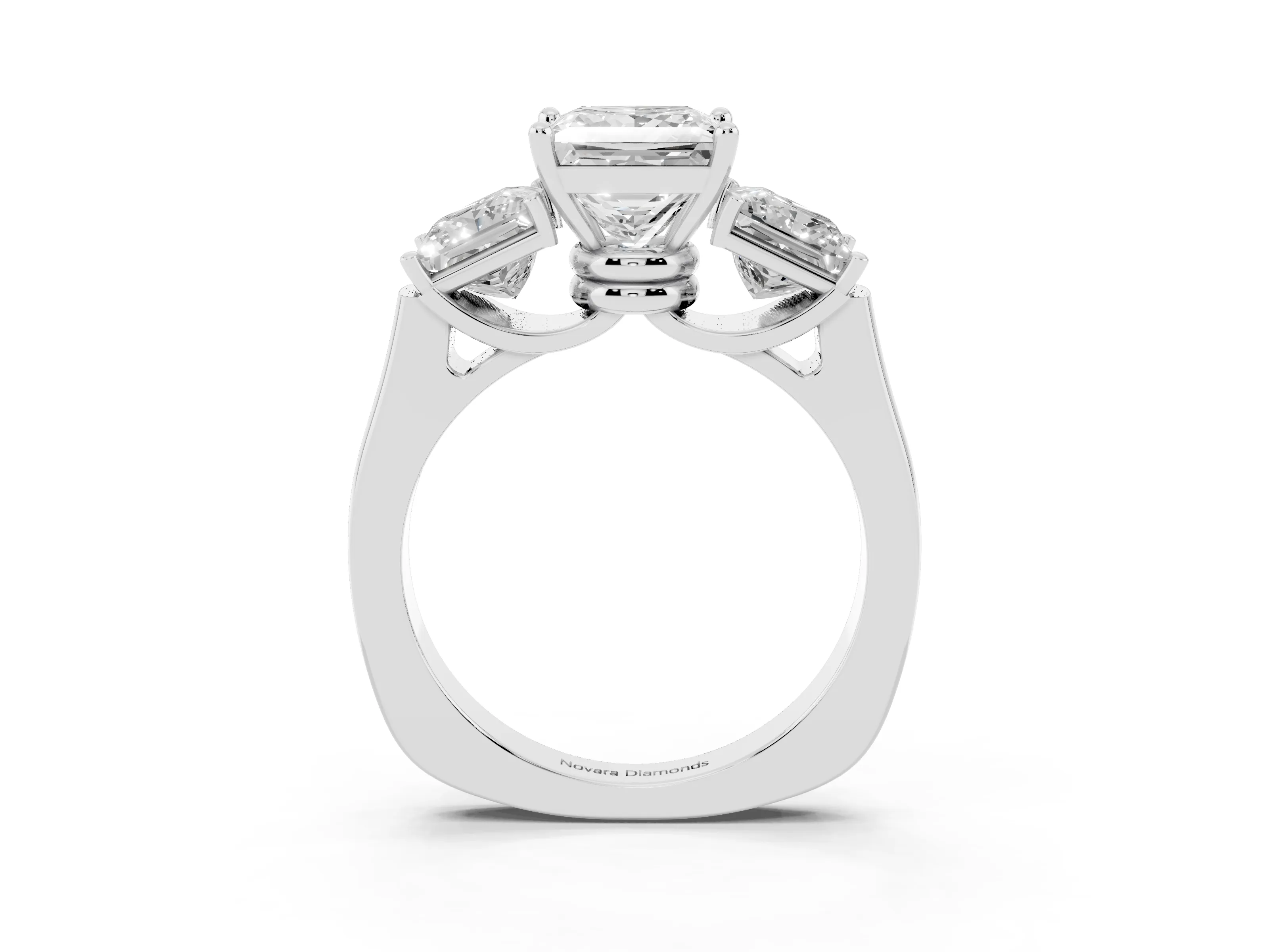 Princess Cut Diamond Three-Stone Trellis Ring Set in White gold with Comfort Fit Band