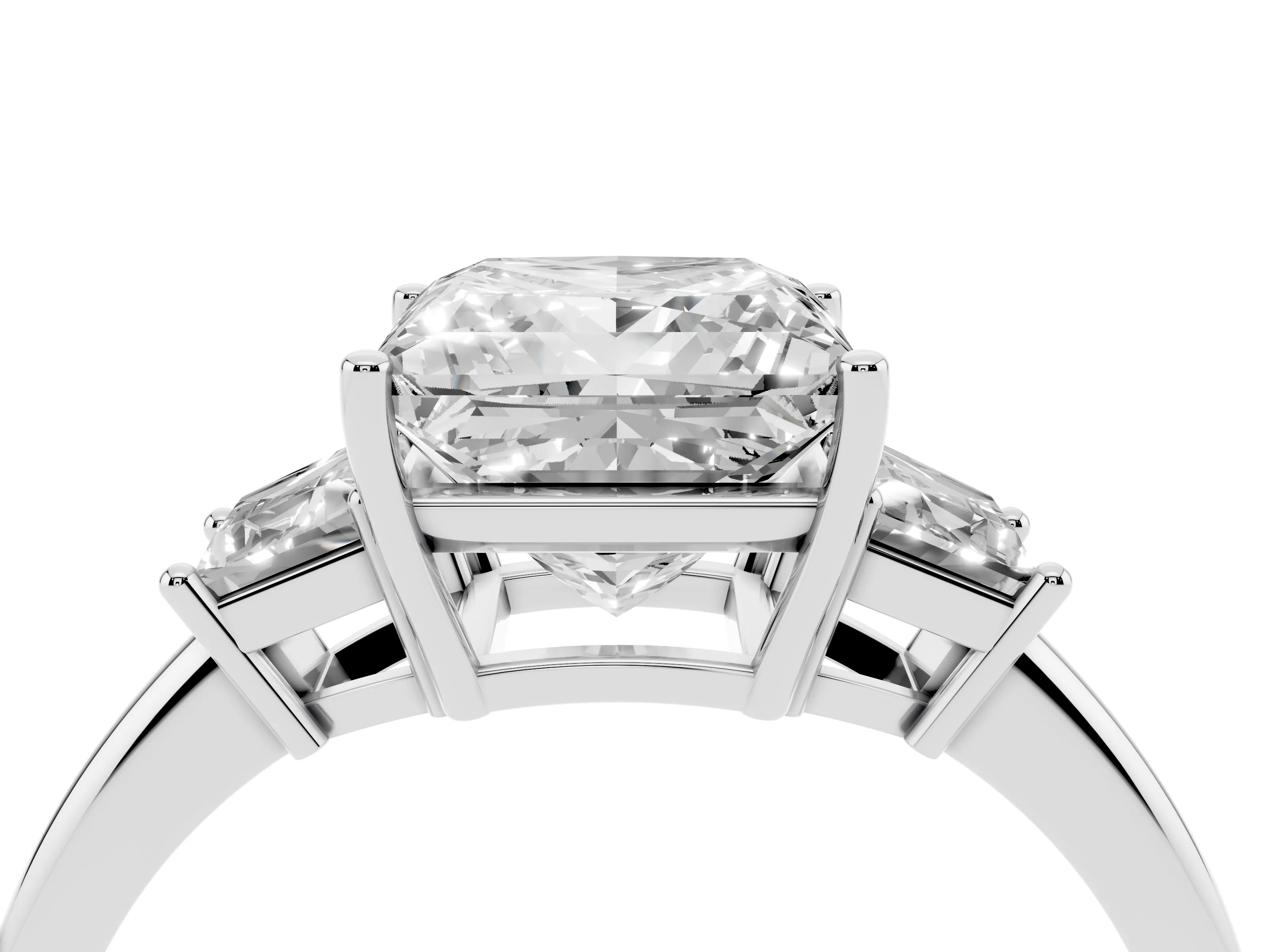 Princess Cut Diamond Three-Stone Ring Set in Platinum with Trapezoid Side Stones and Prong Setting