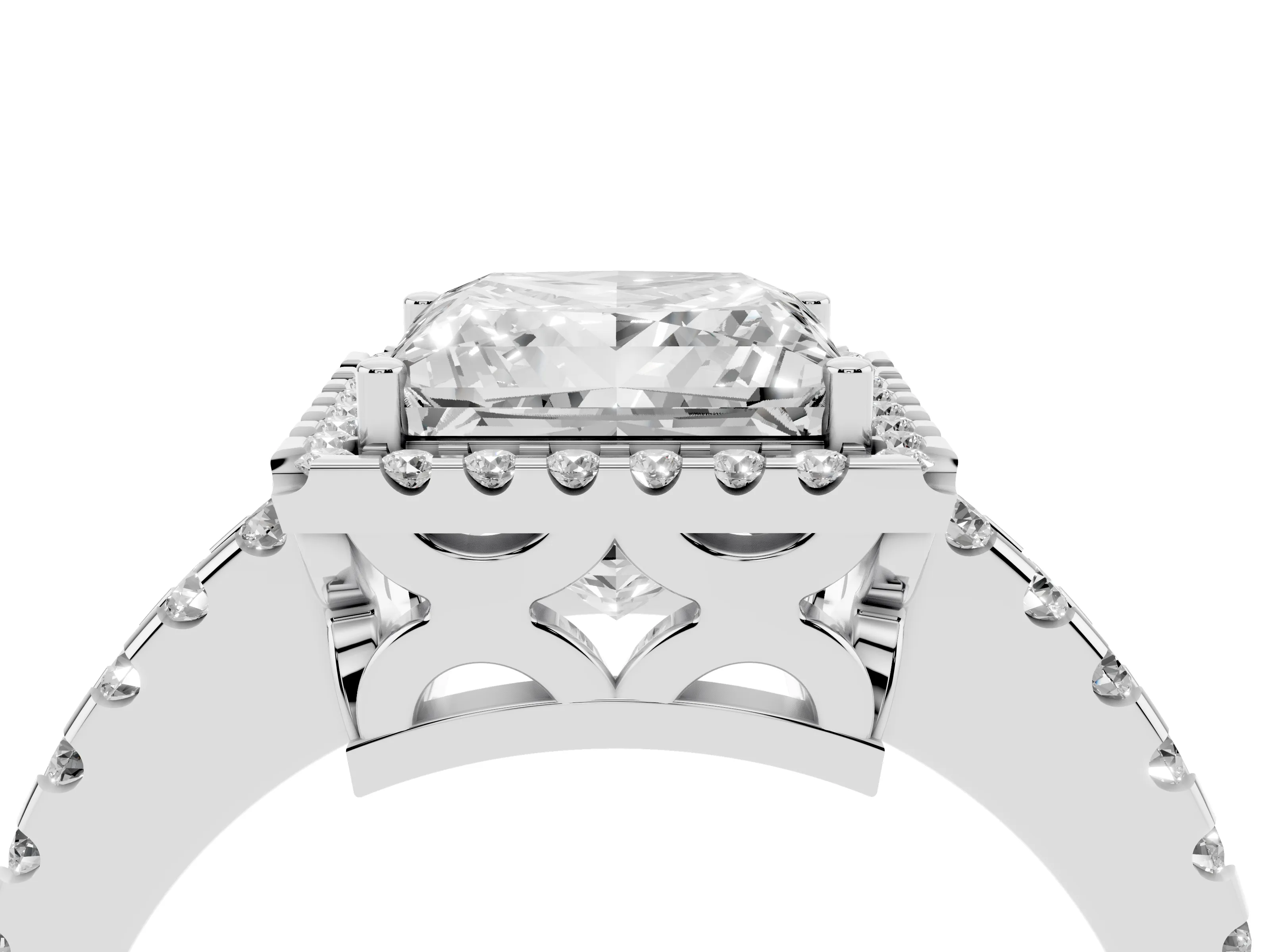 Princess Cut Diamond Halo Ring Set in Silver with Pavé Shoulders and Halo-Framed Center
