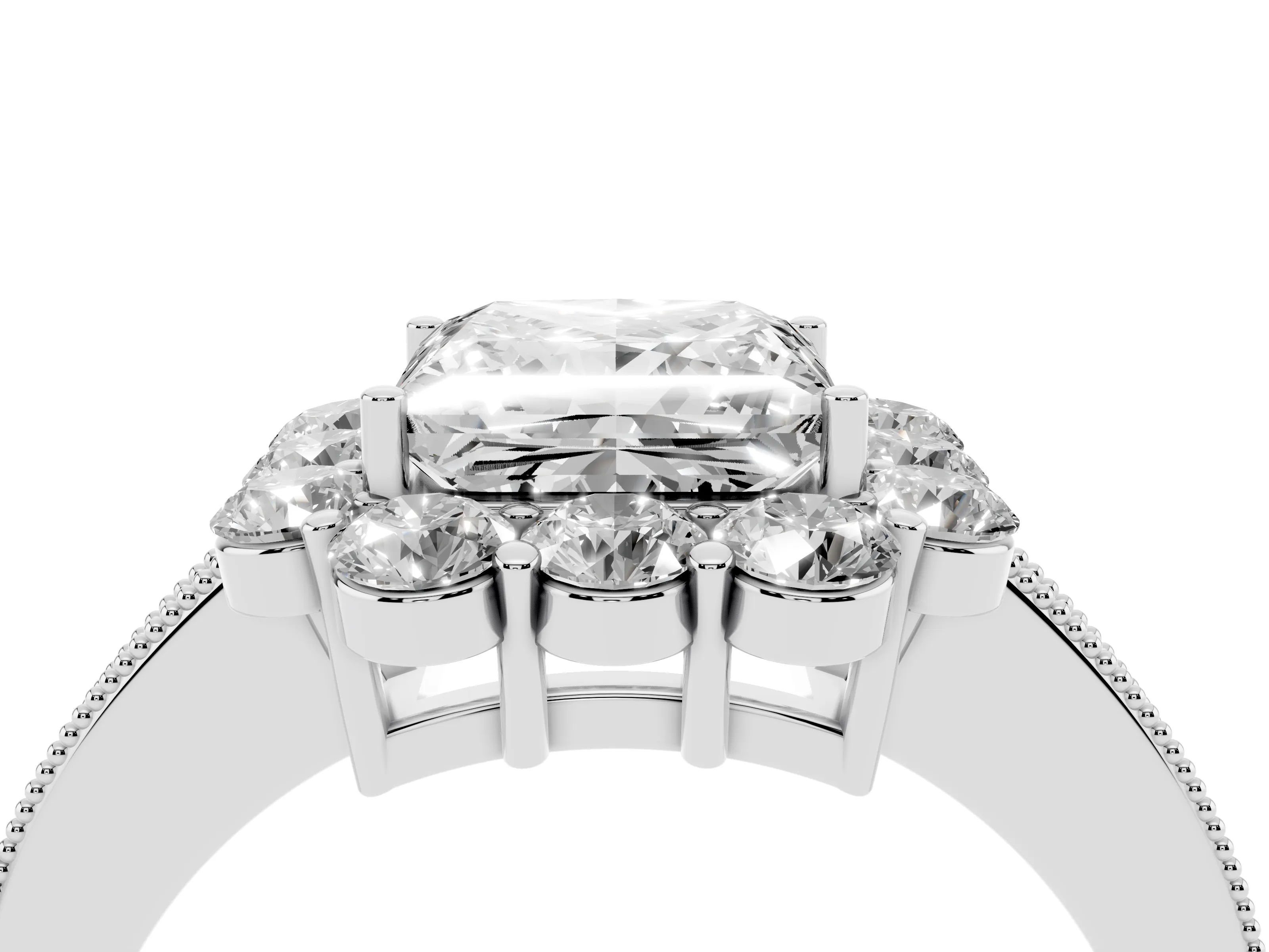 Princess Cut Diamond Halo Pavé Engagement Ring Set in White gold with Milgrain Detailing