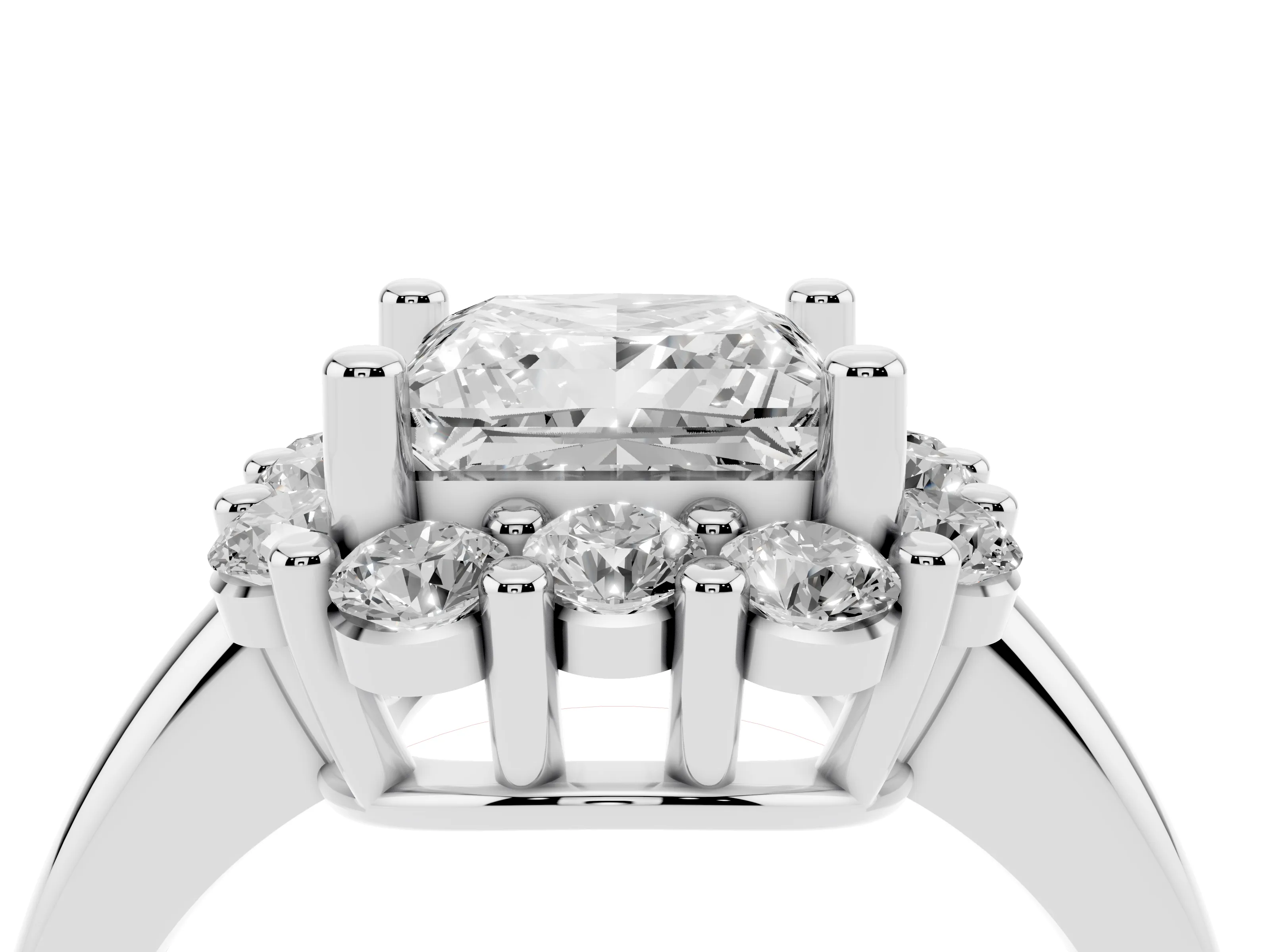 Princess Cut Diamond Halo Cluster Engagement Ring Set in Silver with Polished Band and Prong Setting