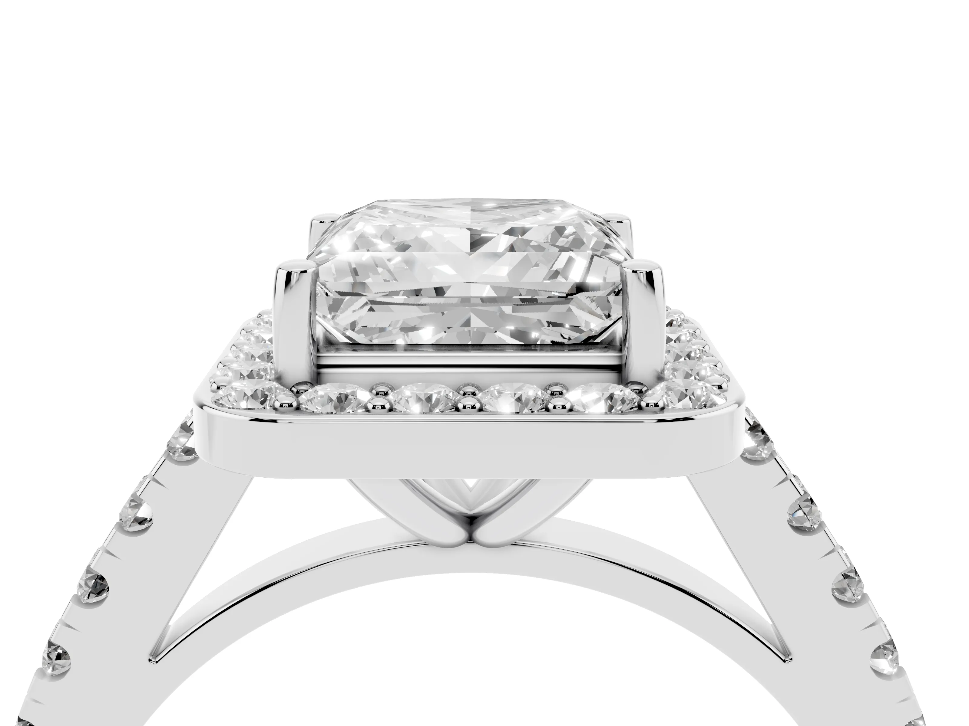 Princess Cut Diamond Halo Ring Set in Silver with Round Pavé Split Shank and Prong Setting