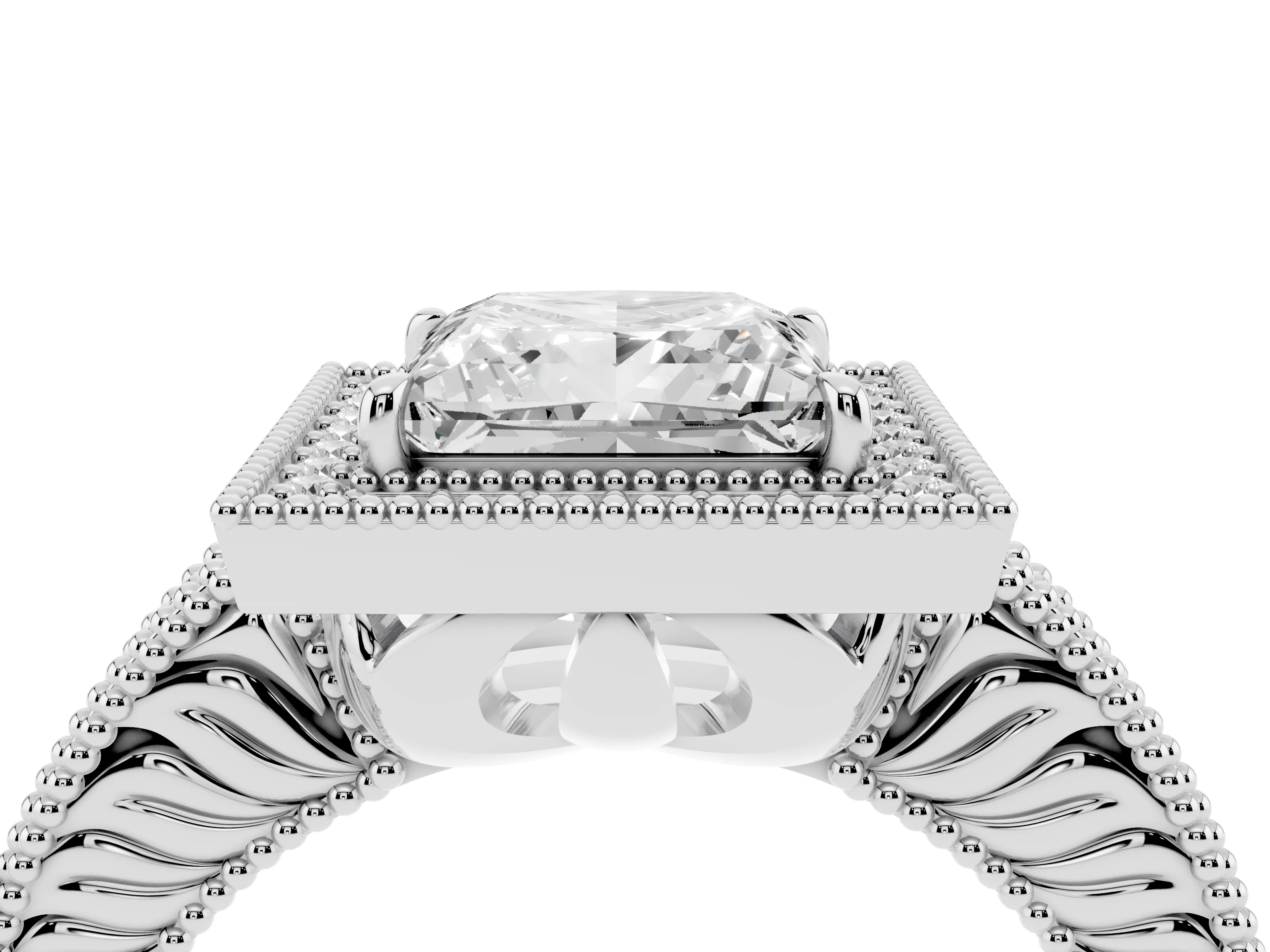 Princess Cut Diamond Halo Ring Set in White gold with Round Accent Halo, Pavé Band and Prong Setting