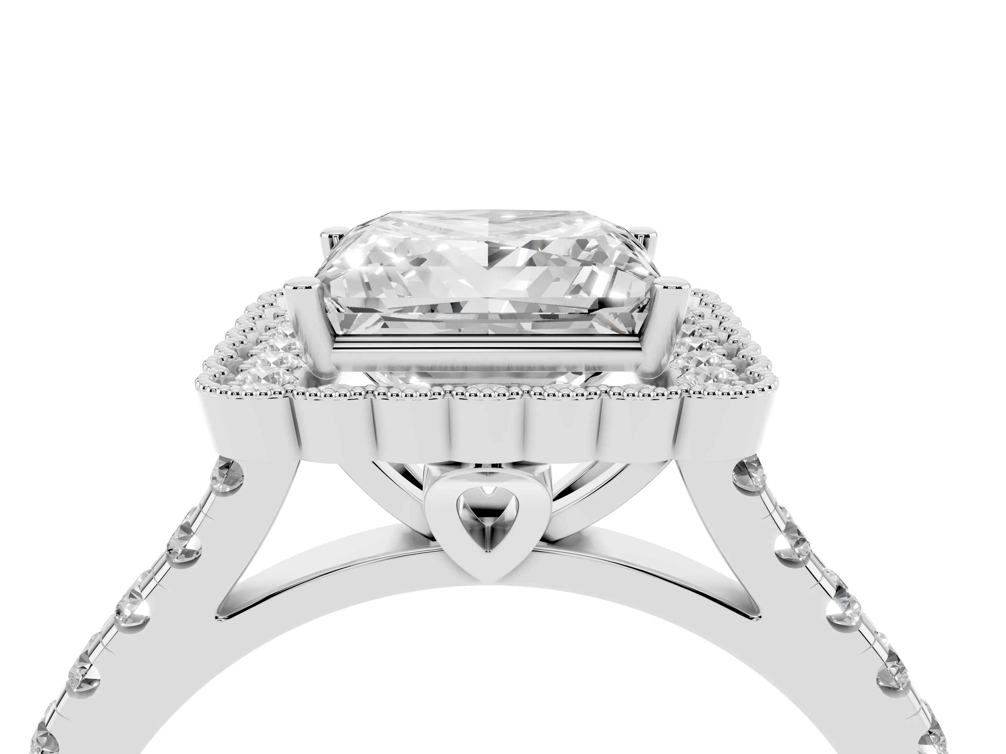 Princess Cut Diamond Milgrain Floral Halo Engagement Ring Set in Platinum with Pavé Band