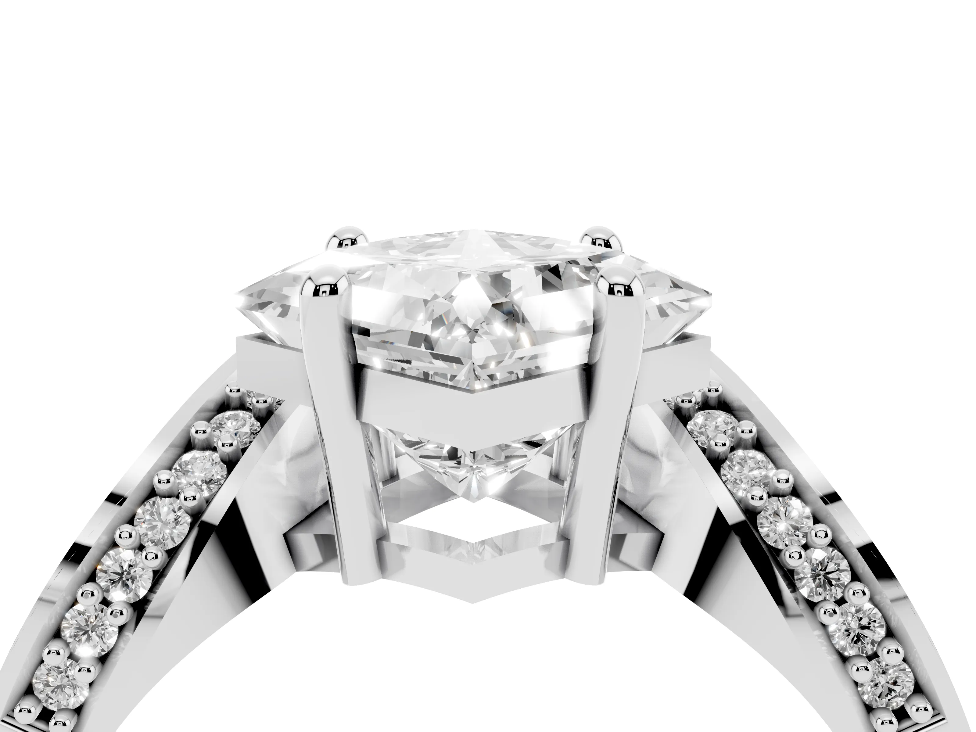 Princess Cut Diamond Solitaire Engagement Ring Set in Silver with Pavé Shoulders
