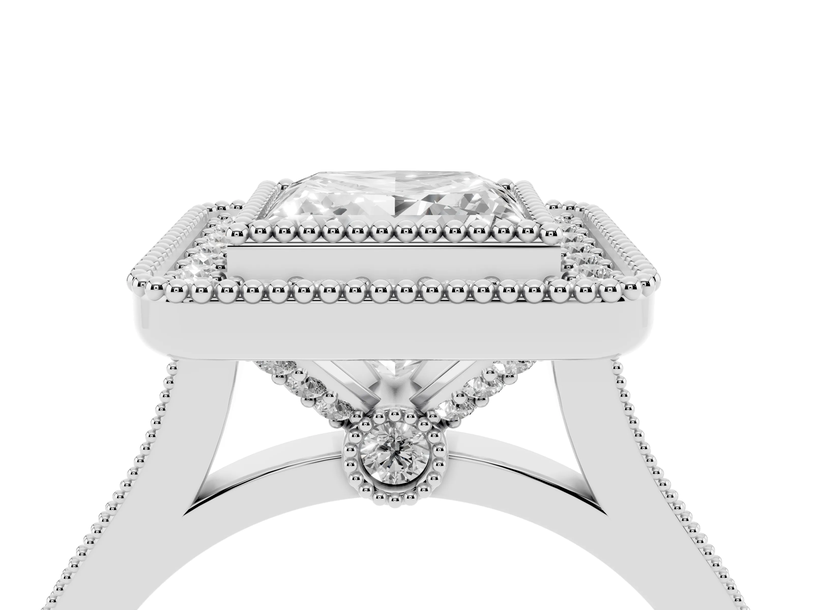 Princess Cut Diamond Halo Ring Set in White gold with Milgrain Frame and Pavé Band