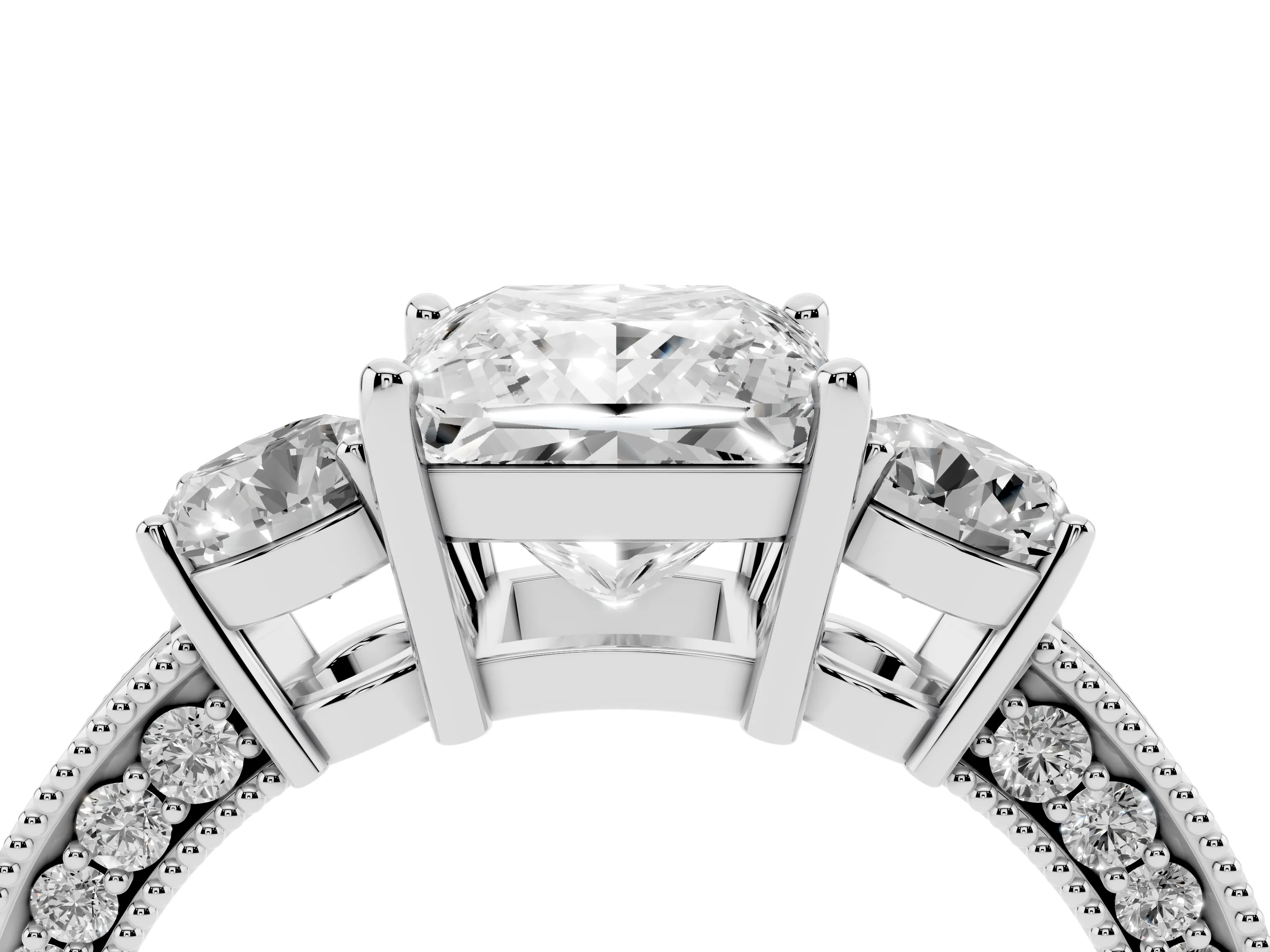 Princess Cut Diamond Three-Stone Ring Set in White gold with Round Side Stones and Pavé Band