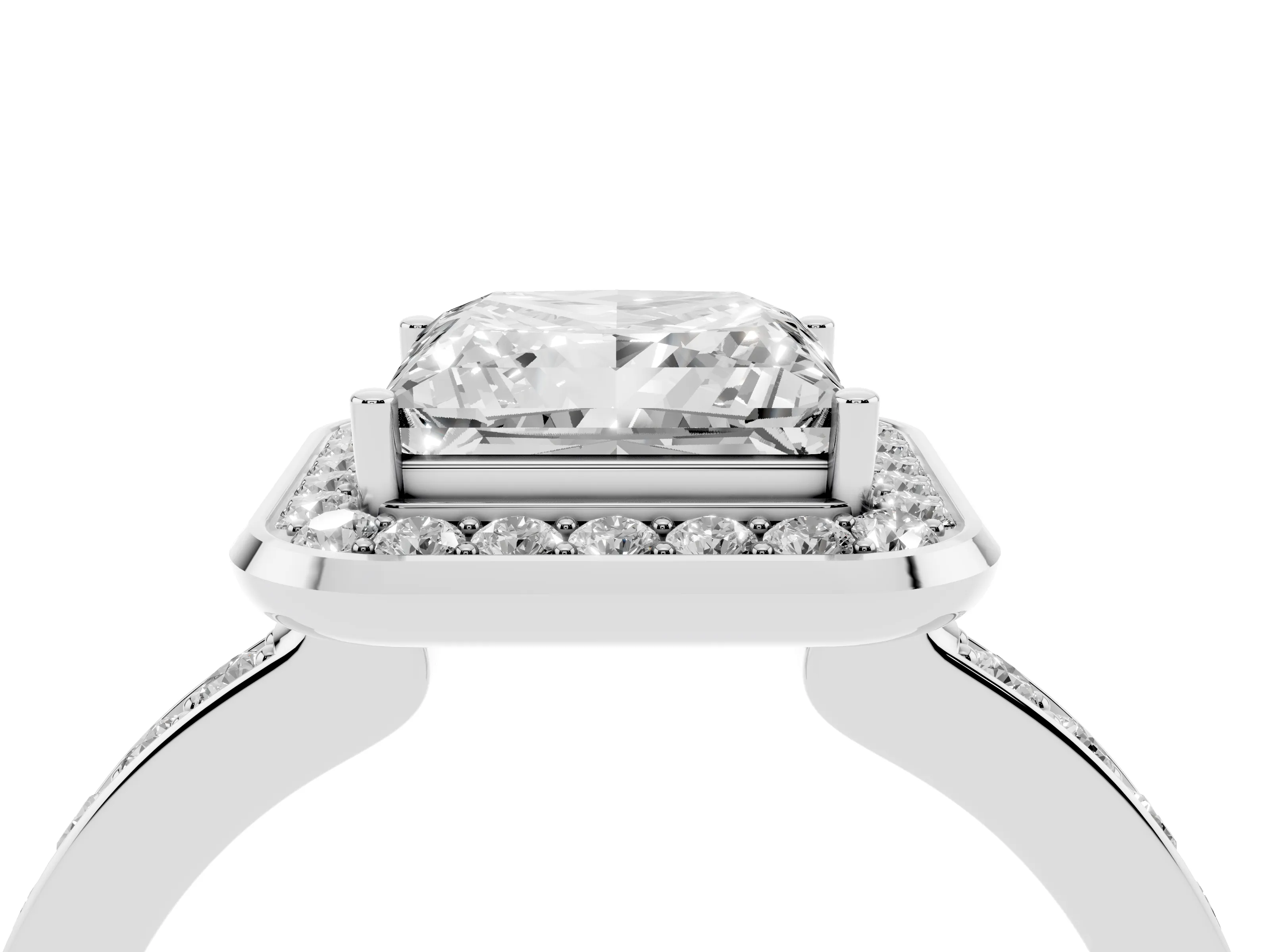 Princess Cut Diamond Halo Ring Set in Platinum with Bezel Frame and Pavé Band