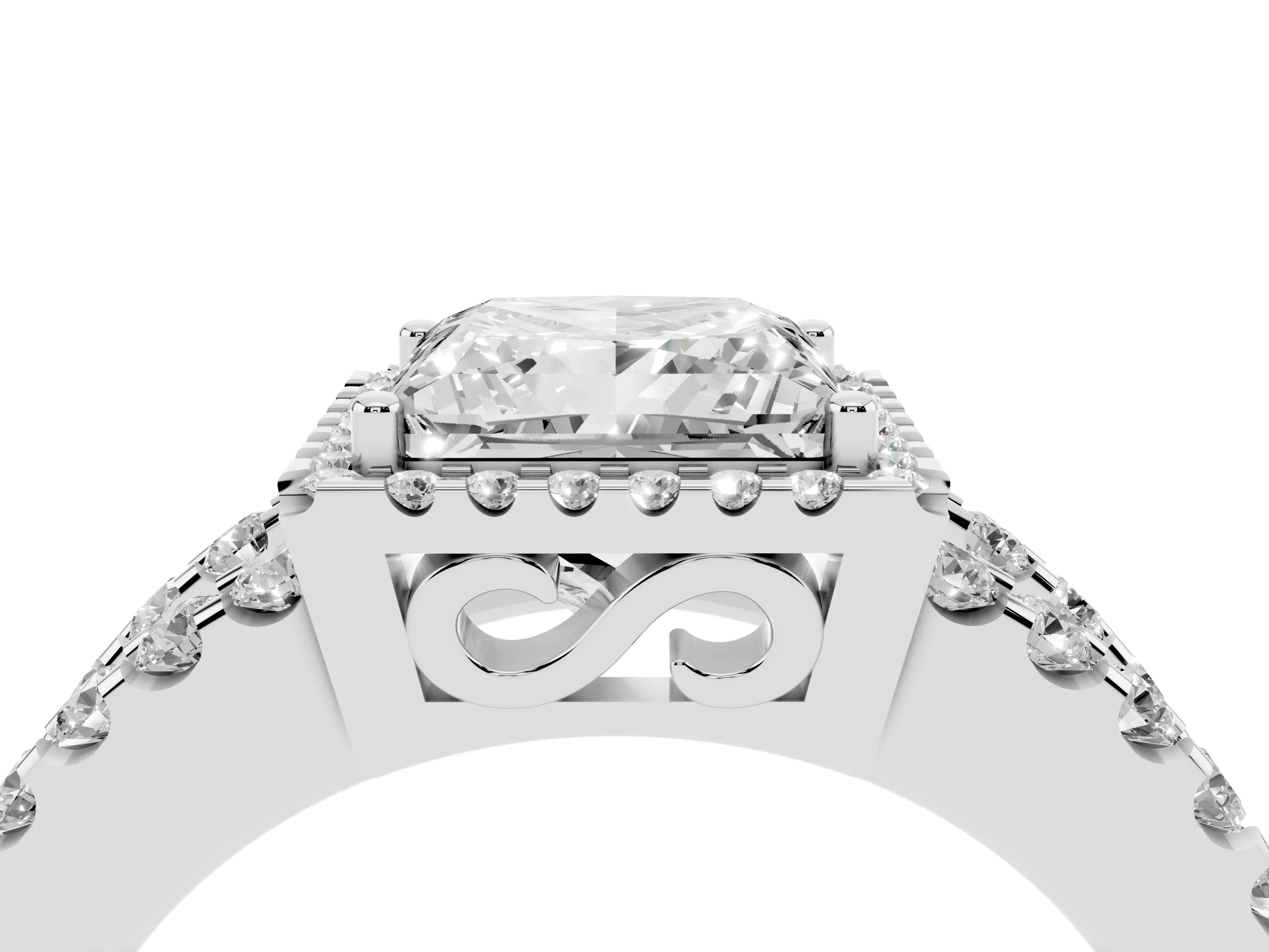 Princess Cut Diamond Halo Ring Set in Platinum with Pavé Split Shank and Prong Setting