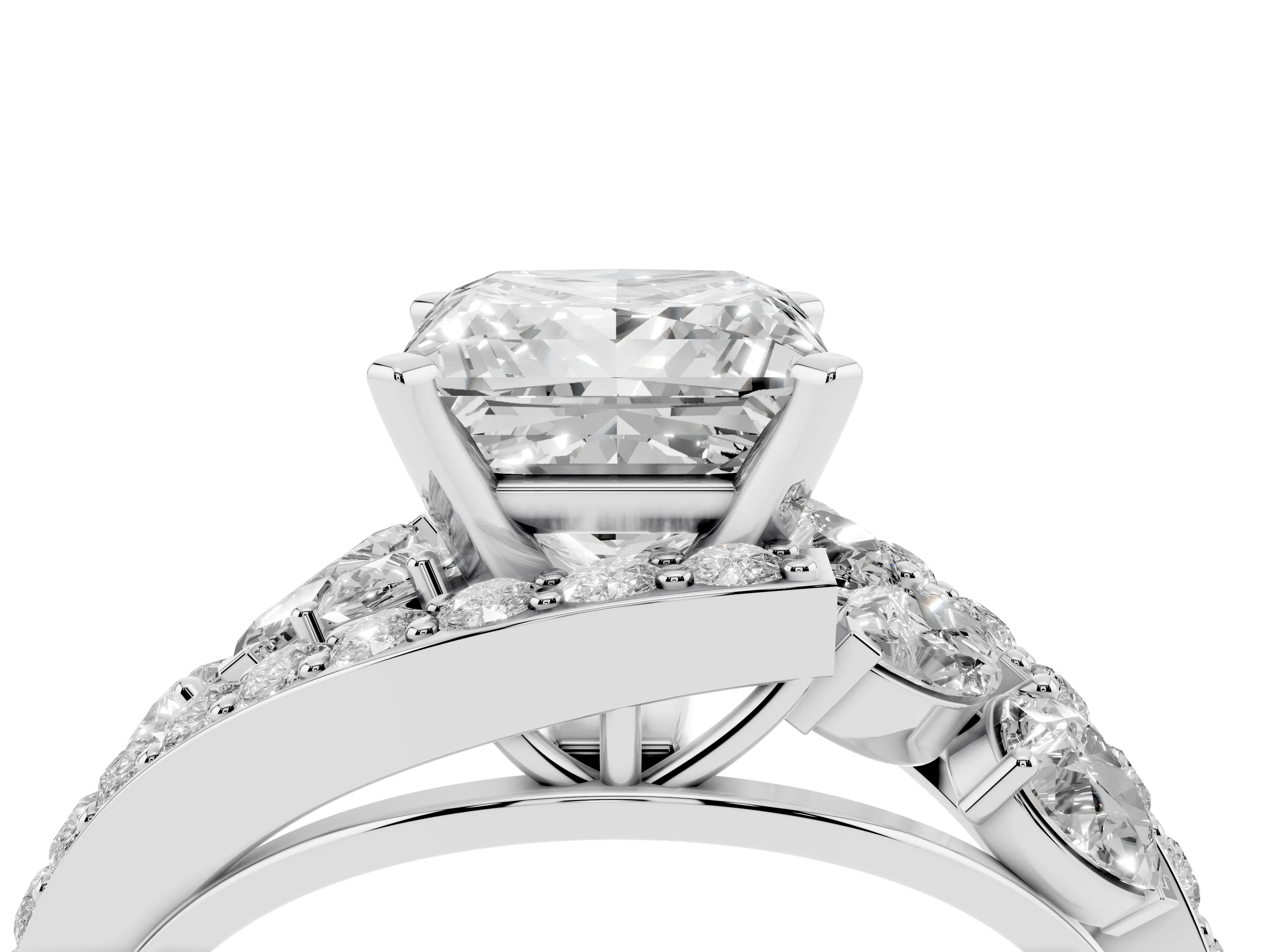 Princess Cut Diamond Halo Ring Set in Platinum with Marquise and Pavé Band in Prong Setting