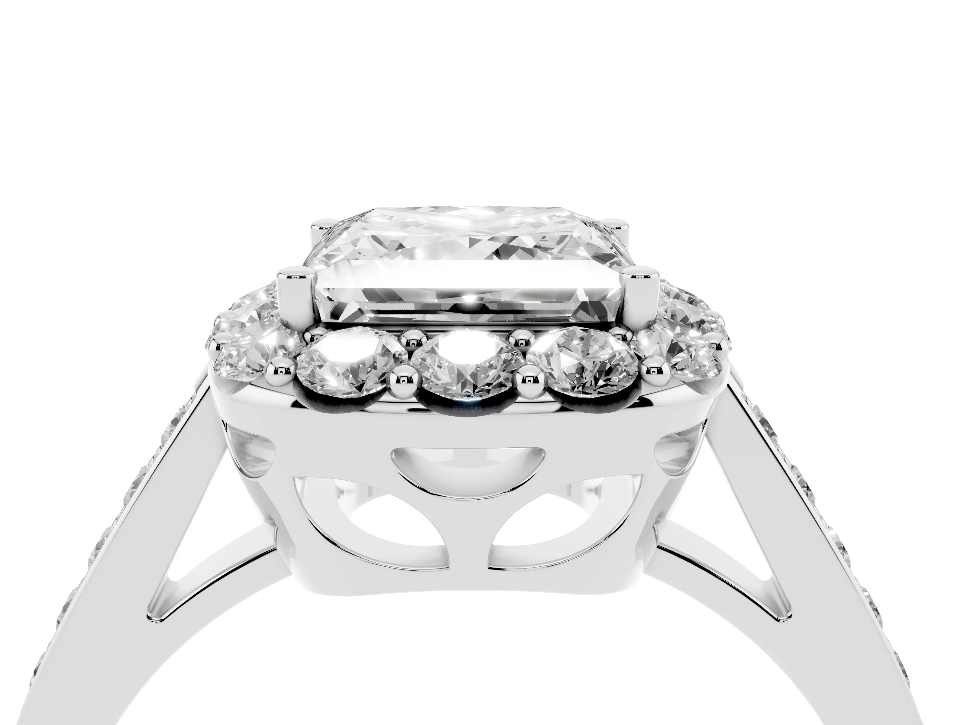 Princess Cut Diamond Floral Halo Ring Set in White gold with Pavé Band and Prong Setting