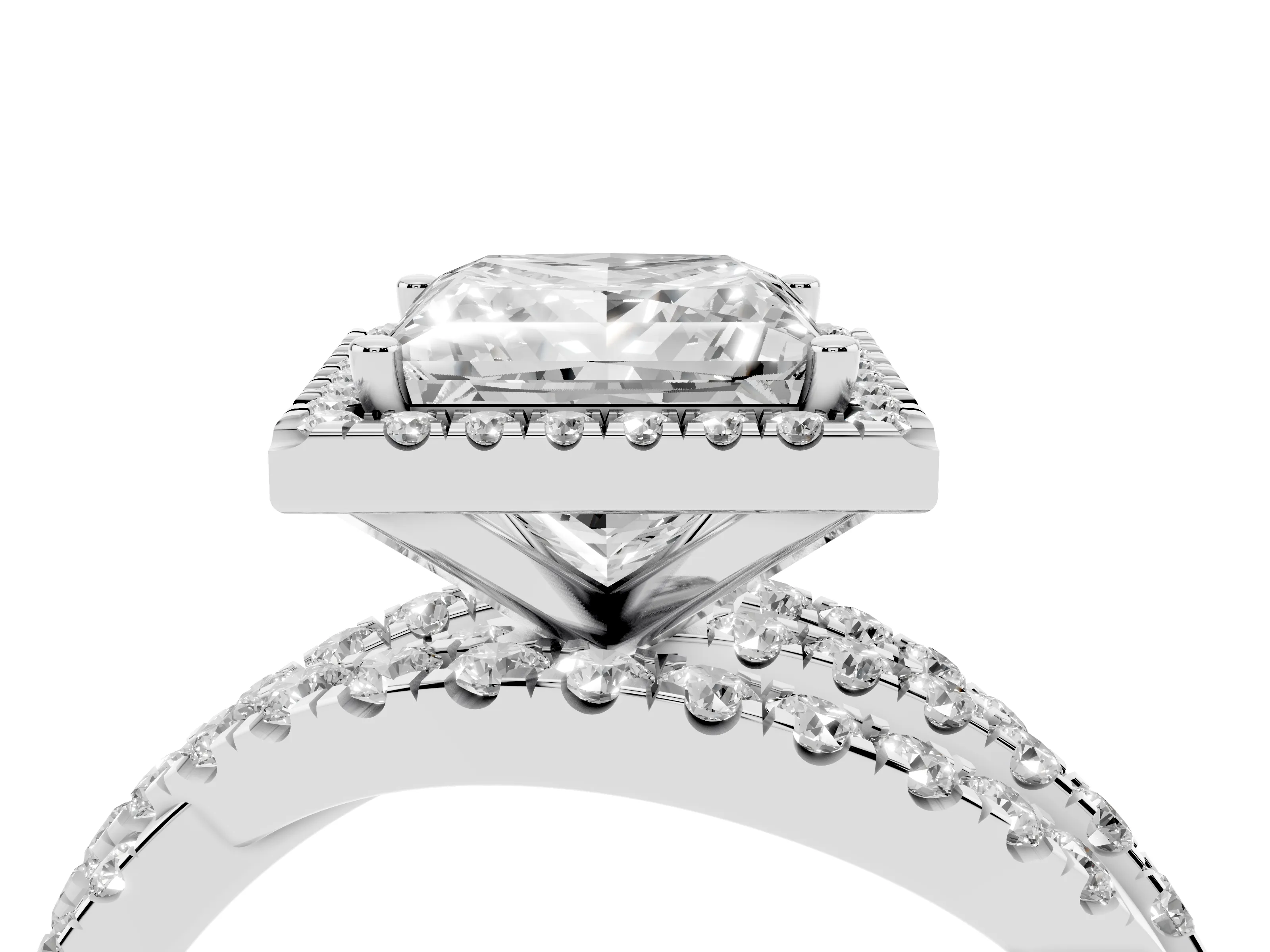 Princess Cut Diamond Halo Ring Set in Platinum with Round Crossover Split Shank and Prong Setting