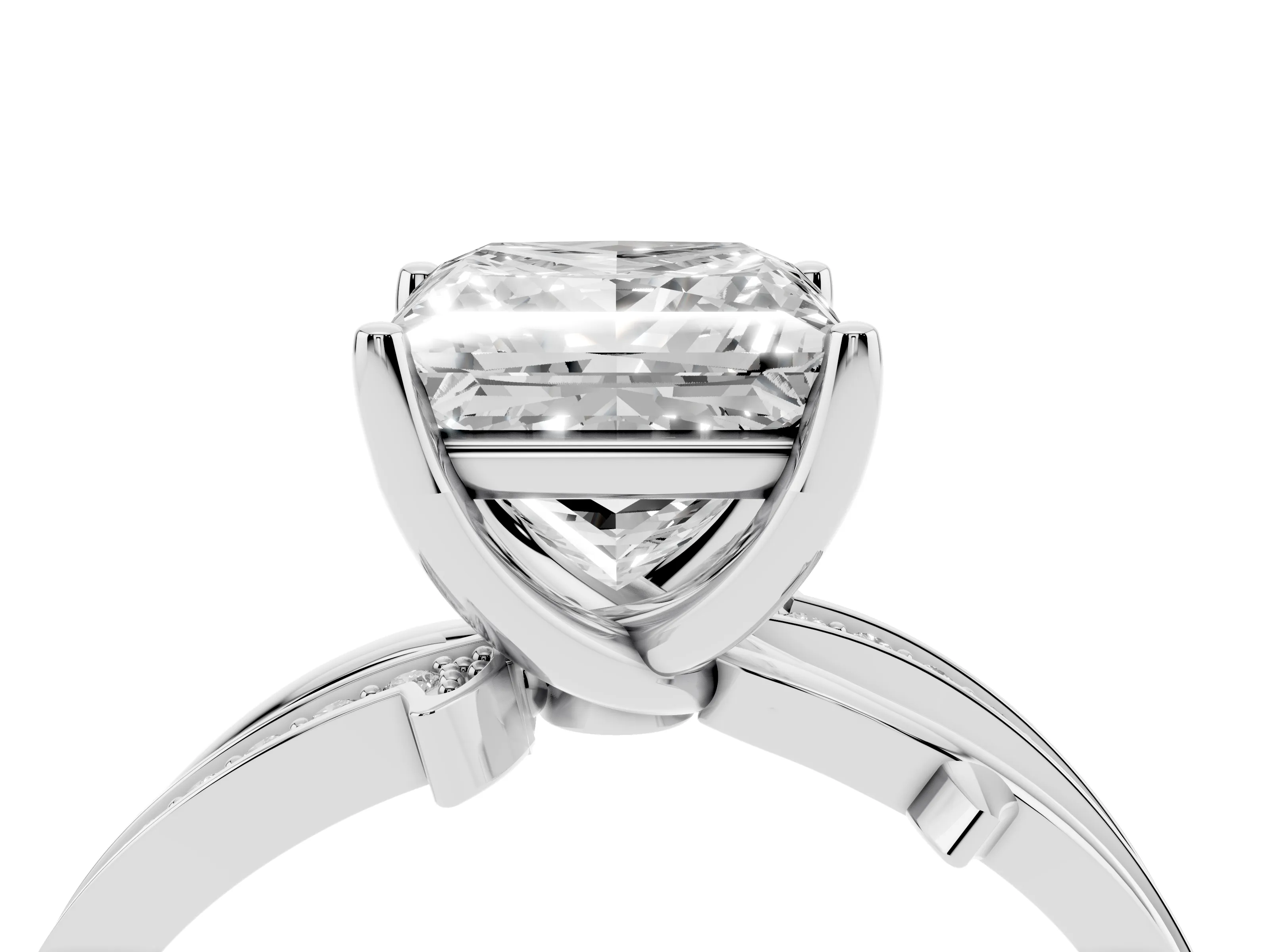 Princess Cut Diamond Pavé Twist Band Solitaire Ring Set in White gold with Prong Setting