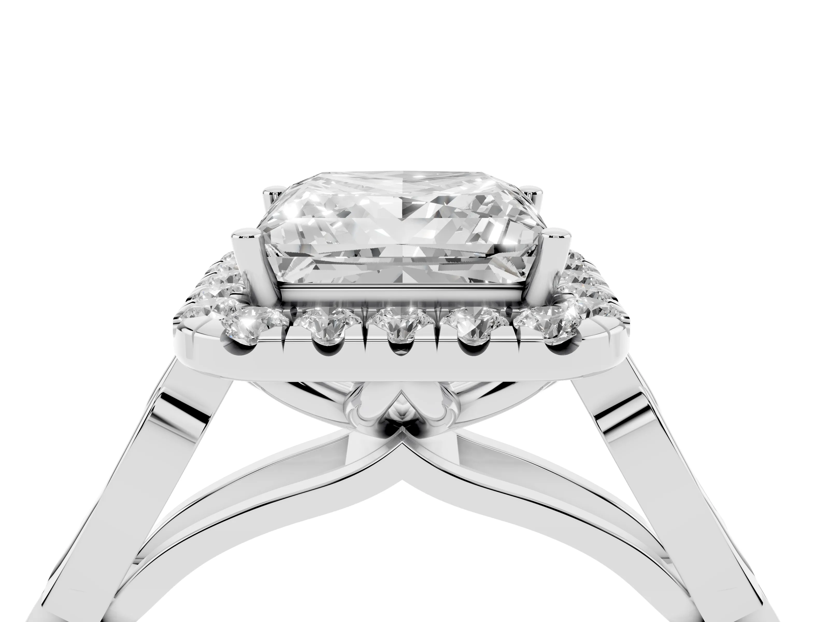 Princess Cut Diamond Halo Engagement Ring Set in White gold with Filigree Band and Prong-Set Center