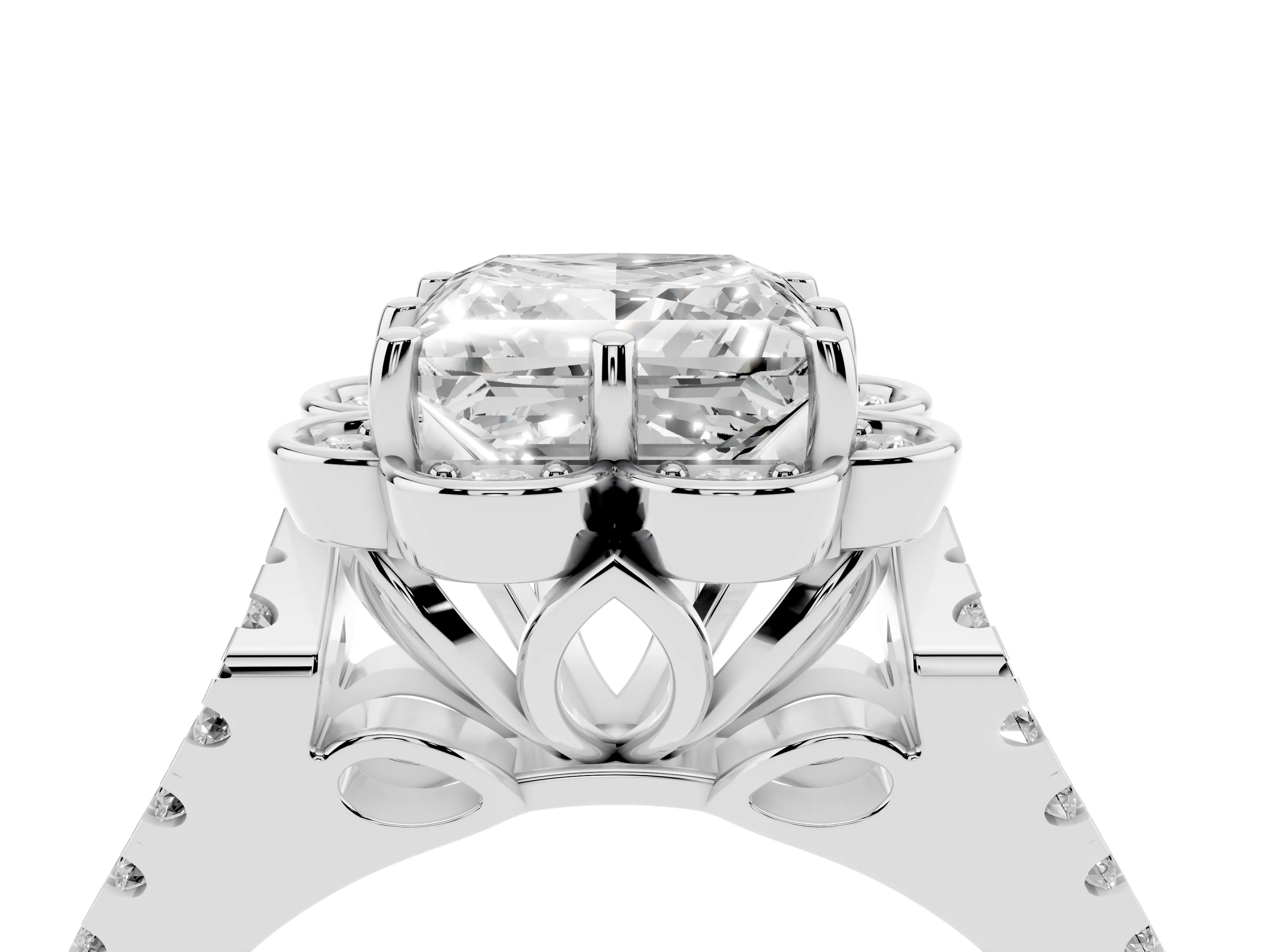 Princess Cut Diamond Floral Halo Split Shank Engagement Ring Set in White gold with Pavé Shank
