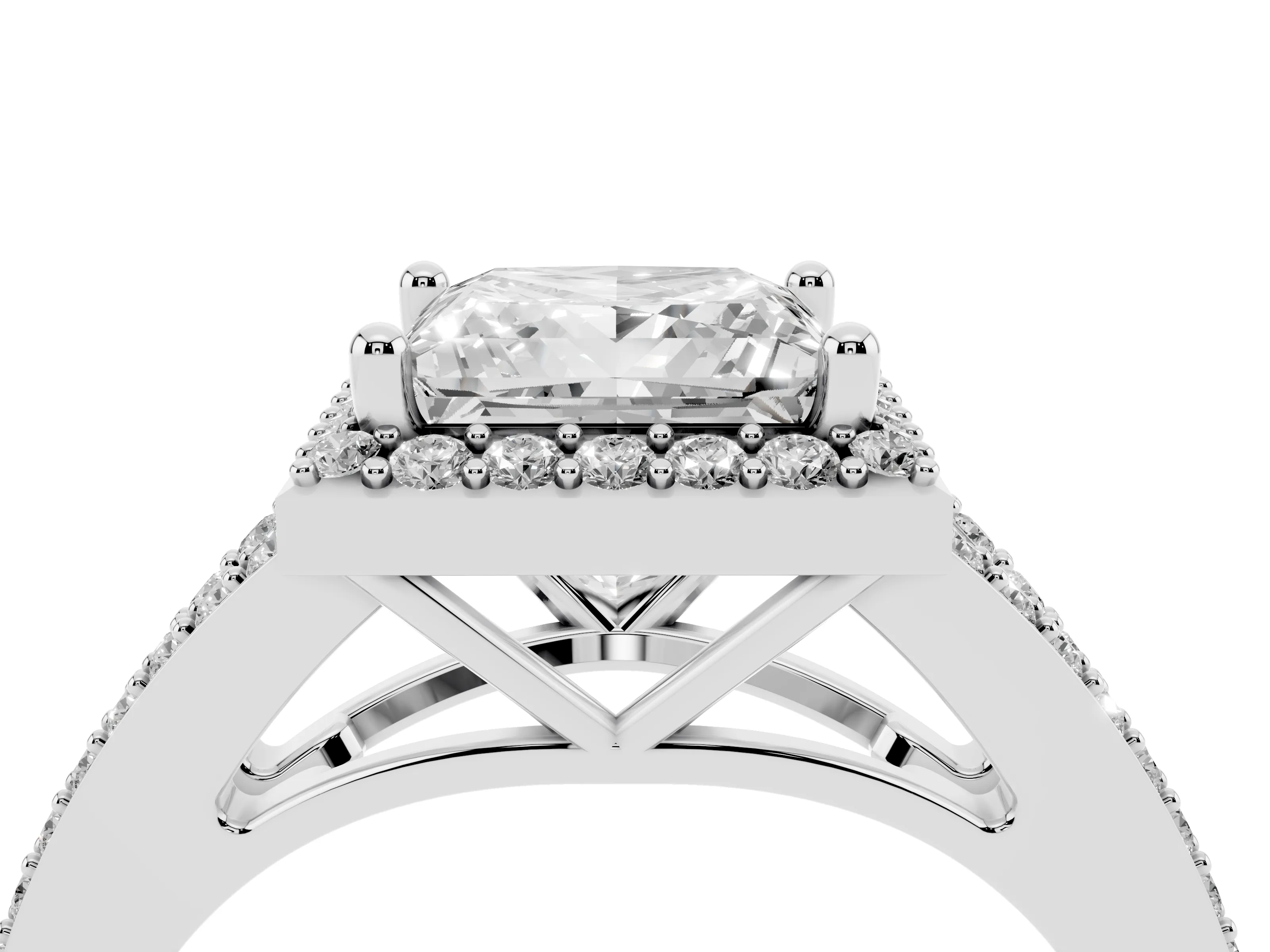 Princess Cut Diamond Halo Split Shank Pavé Ring Set in Platinum with Prong Setting