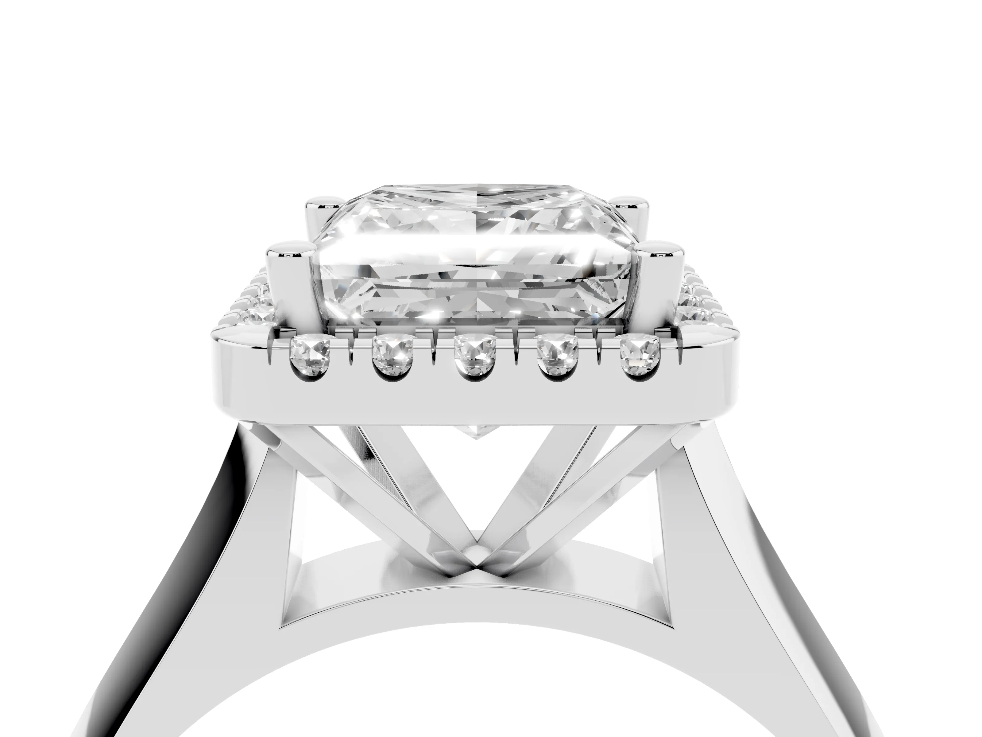 Princess Cut Diamond Halo Solitaire Engagement Ring Set in White gold with Square Band and Prong Setting