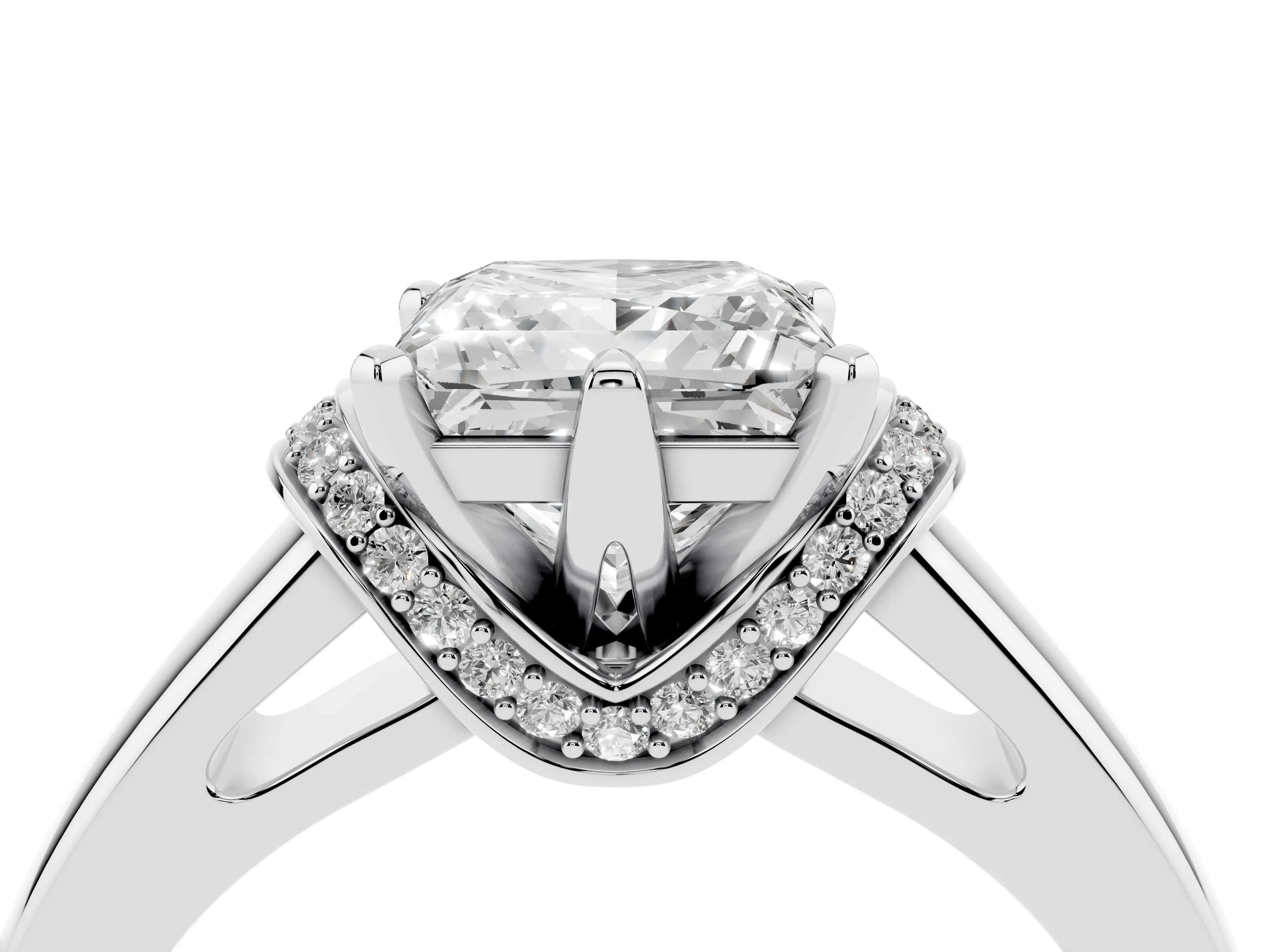 Princess Cut Diamond Pavé Band Solitaire Ring Set in Platinum with Prong Setting