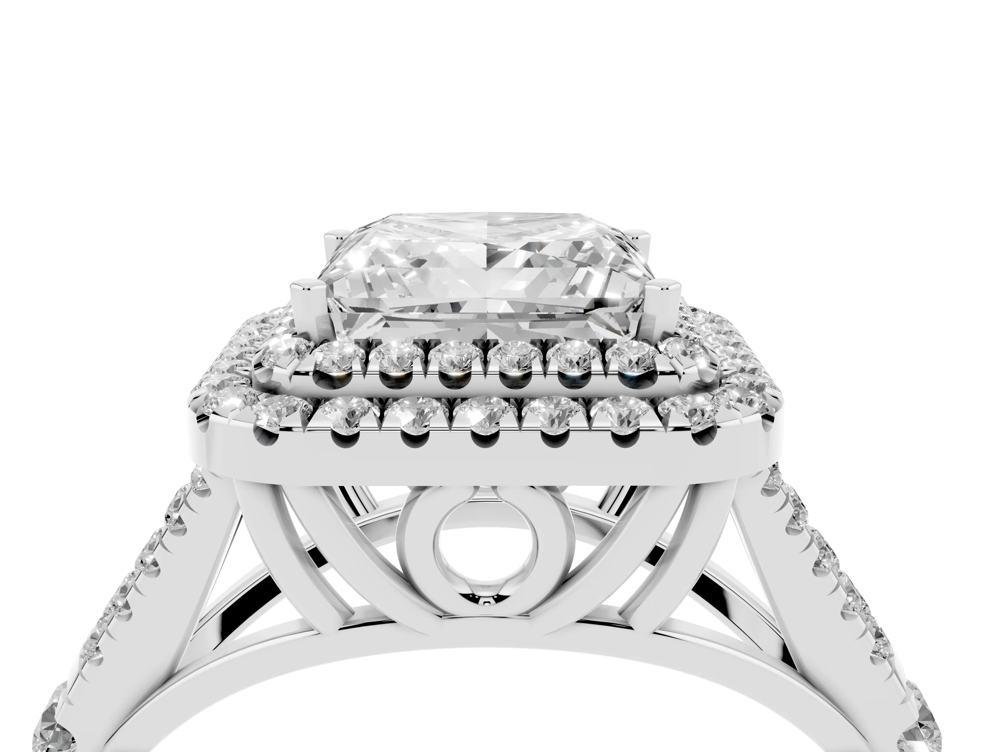 Princess Cut Diamond Pavé Split Shank Double Halo Engagement Ring Set in Silver