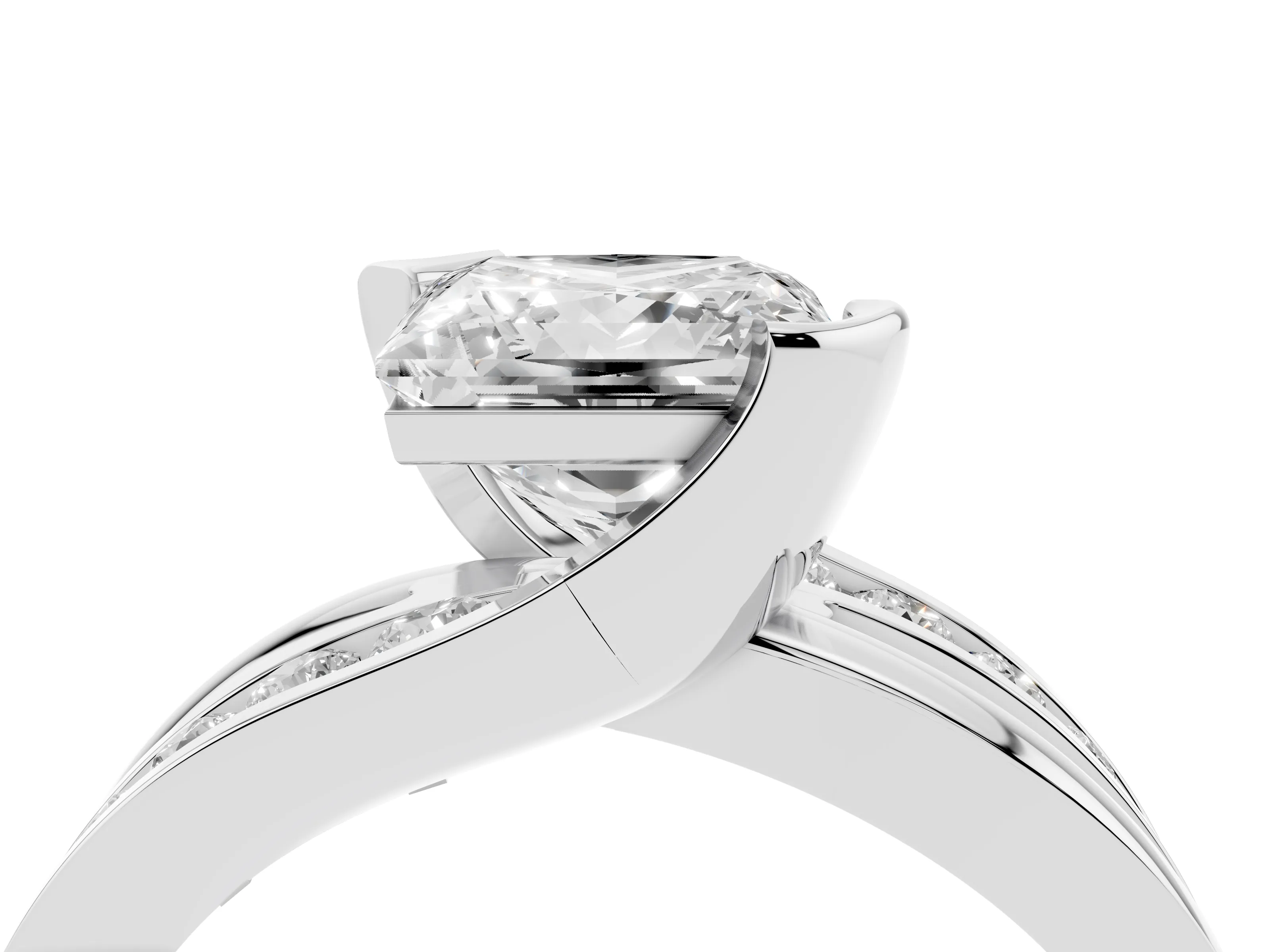 Princess Cut Diamond Solitaire Ring Set in Platinum with Channel Set Split Shank and Tension Prongs