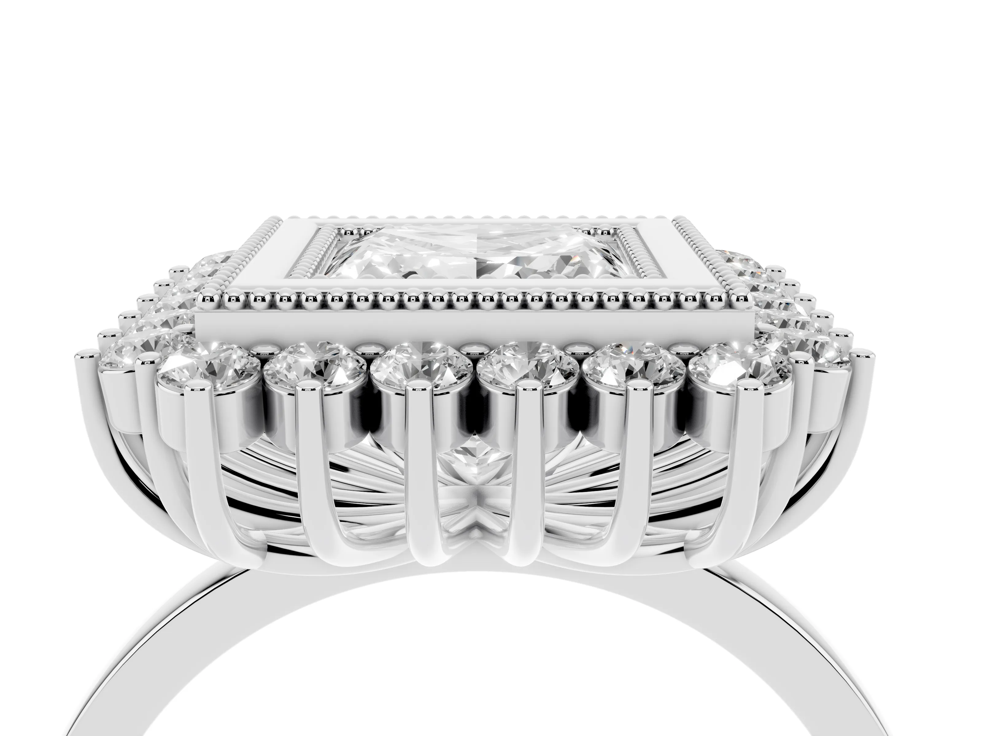 Princess Cut Diamond Halo Ring Set in Silver with Milgrain Edge and Round Prong Setting