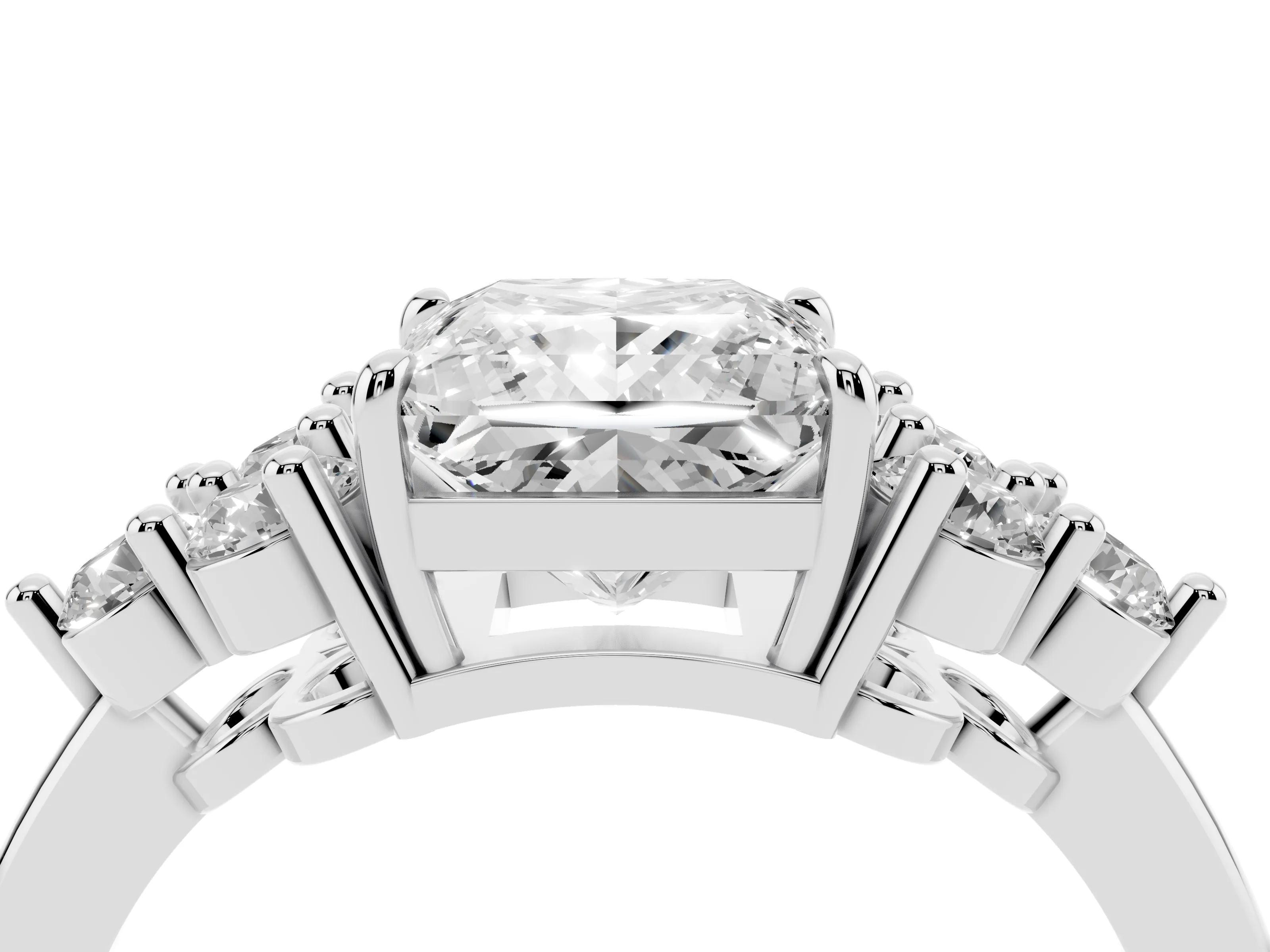 Princess Cut Diamond Solitaire Ring Set in White gold with Cluster Accents on Each Side