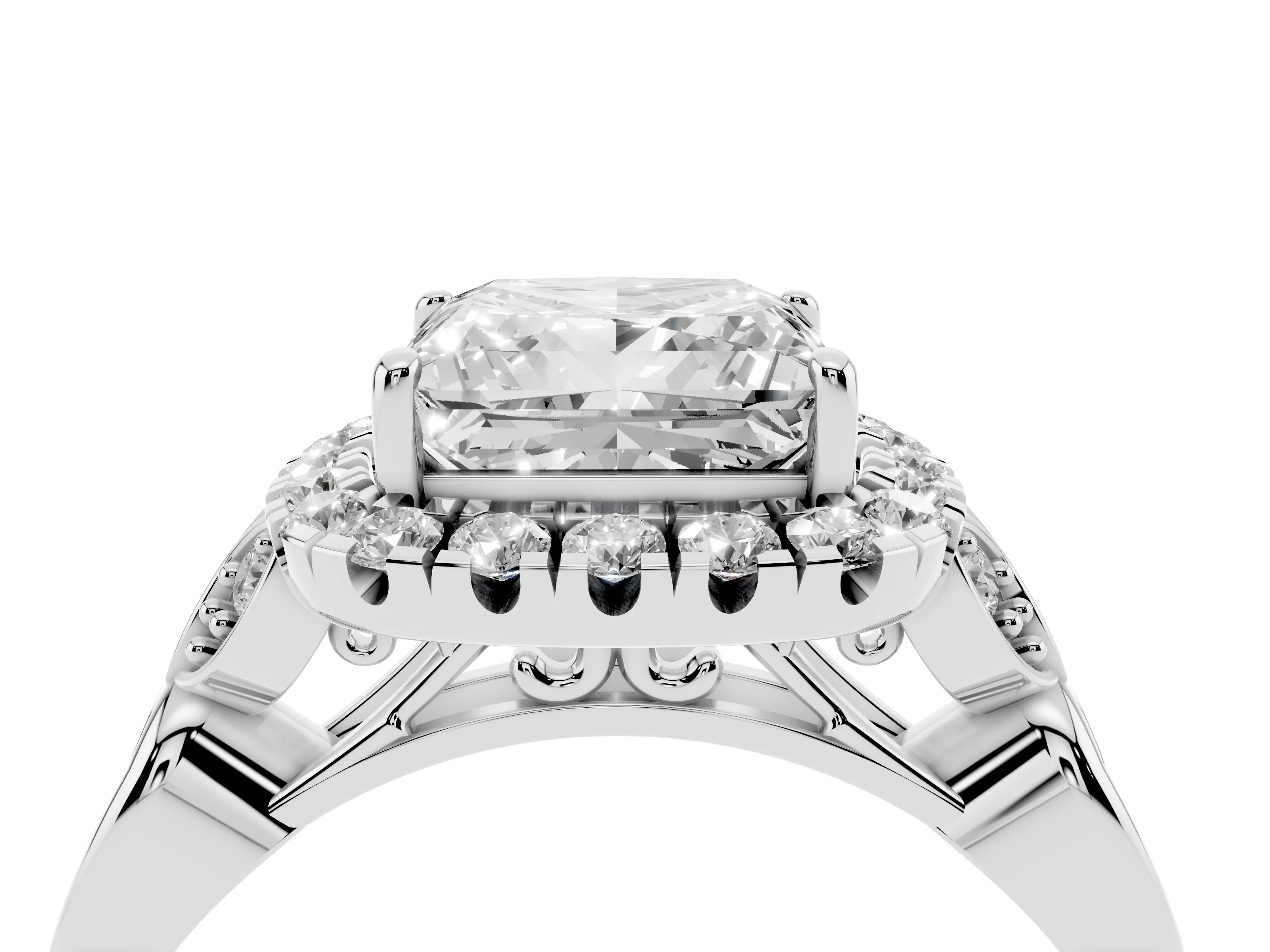 Princess Cut Diamond Halo Engagement Ring Set in Platinum with Vintage-Inspired Band and Prong Setting