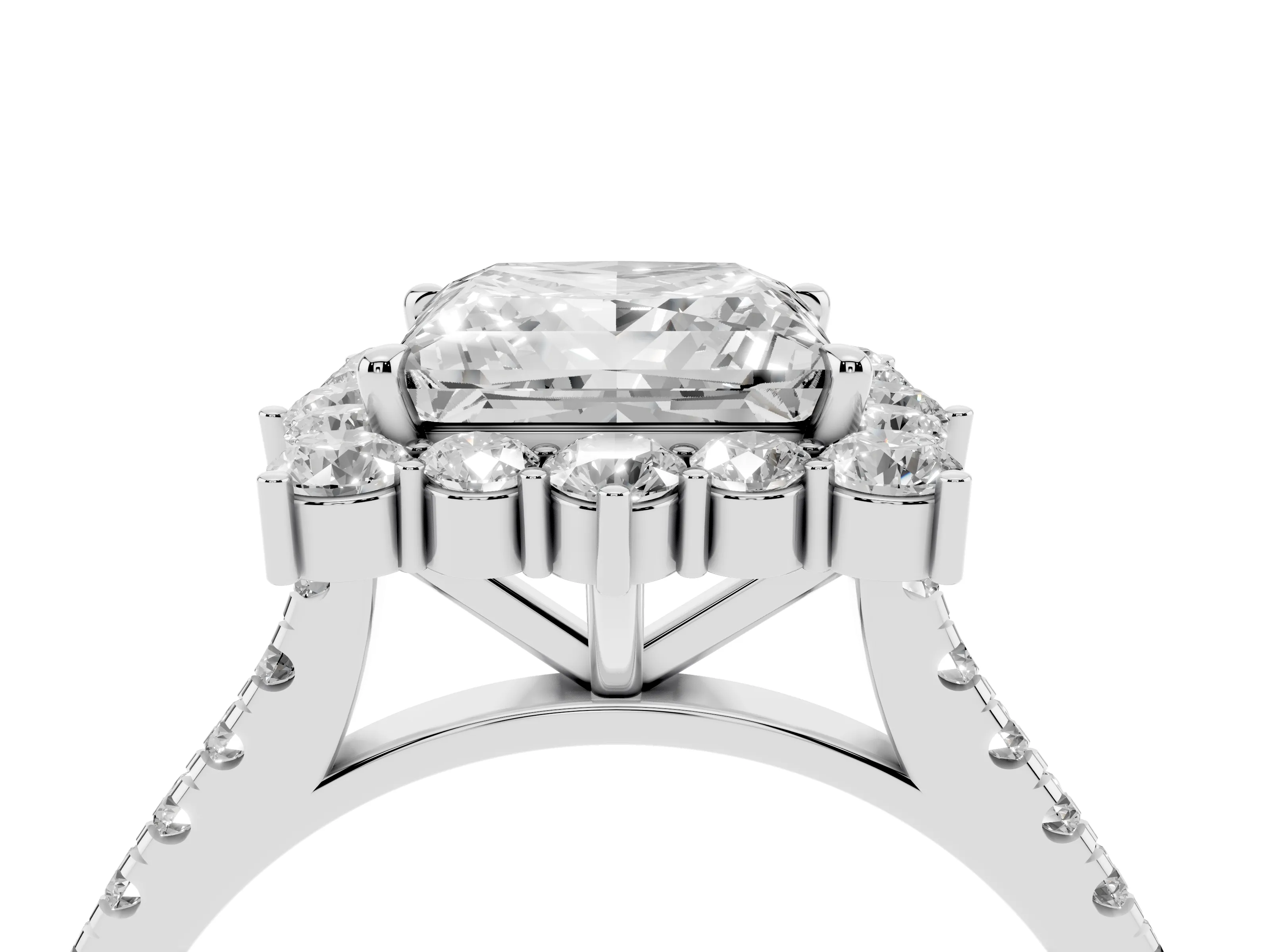 Princess Cut Diamond Halo Ring Set in White gold with Pavé Band and Prong Setting