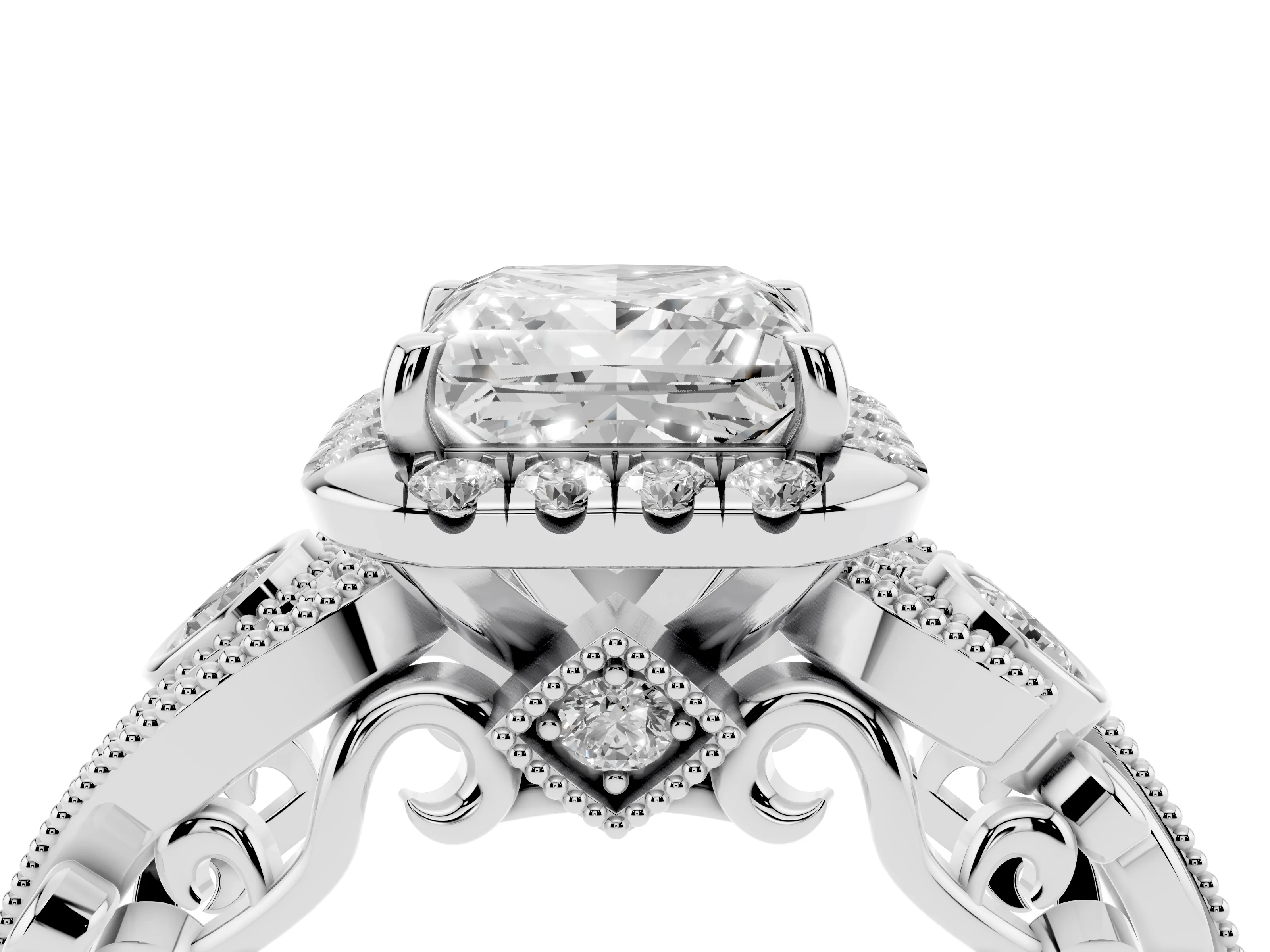 Princess Cut Diamond Halo Ring Set in White gold with Milgrain Pavé Band and Prong Setting