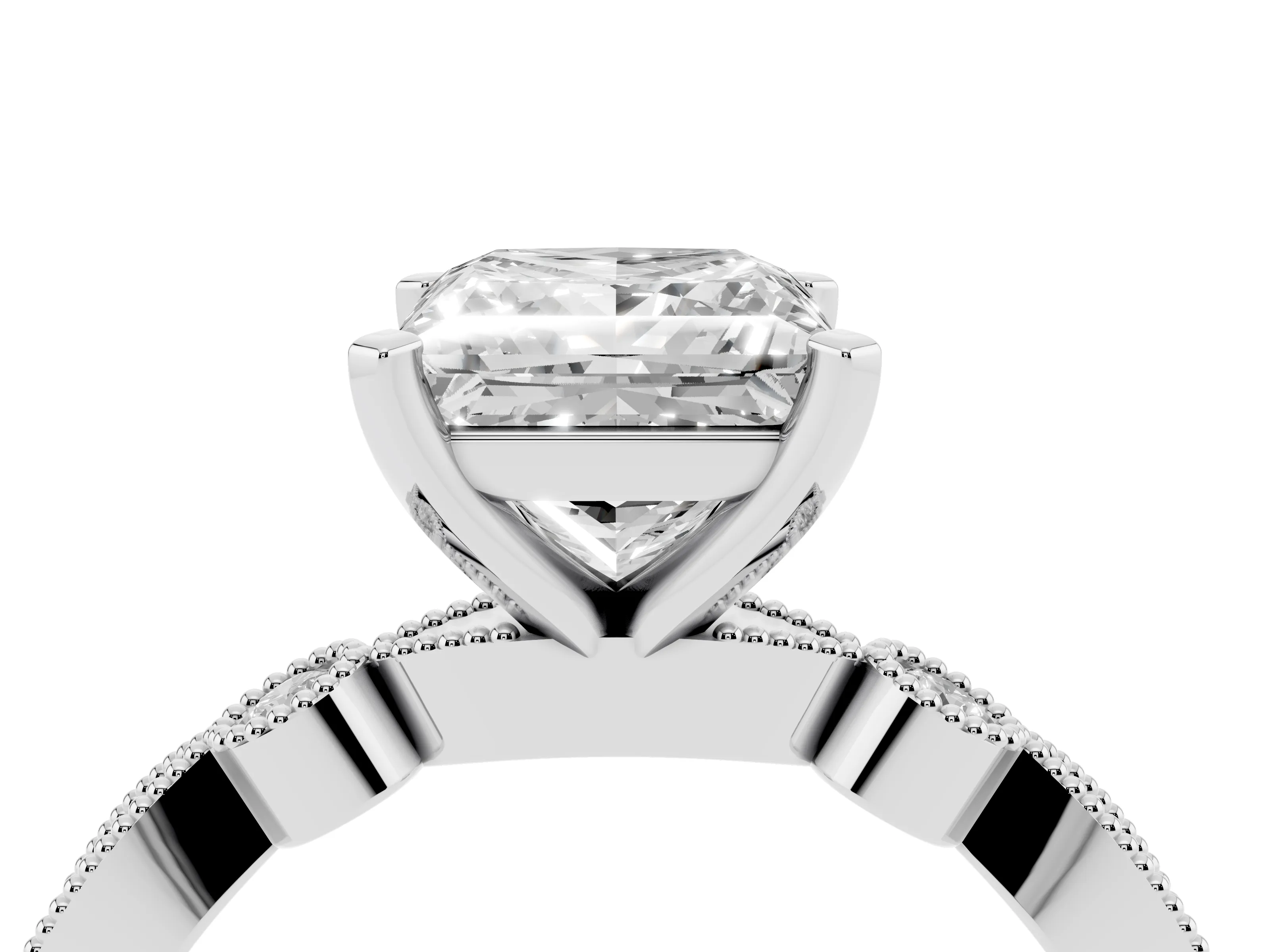 Princess Cut Diamond Solitaire Engagement Ring Set in White gold with Milgrain Bezel Accent Band