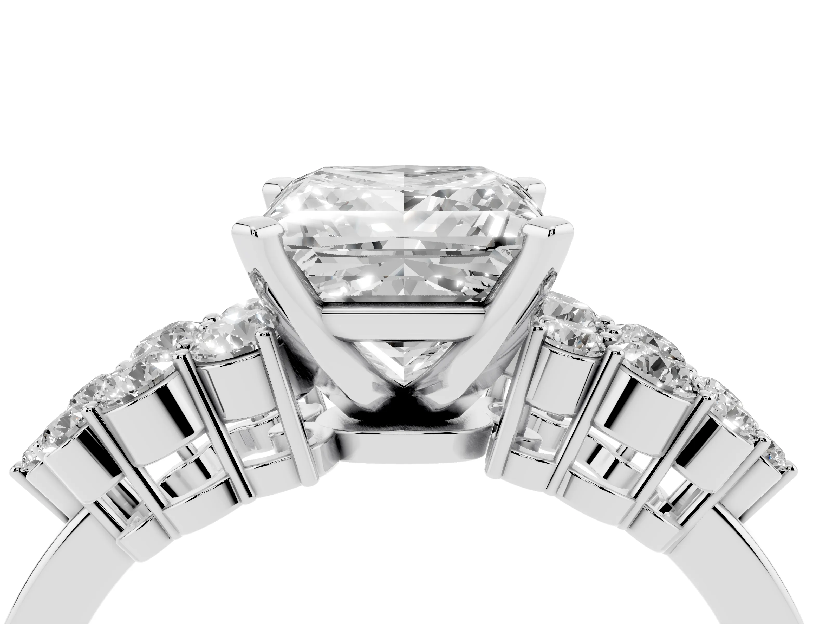 Princess Cut Diamond Cluster Engagement Ring Set in Silver with Pavé Band and Prong Setting