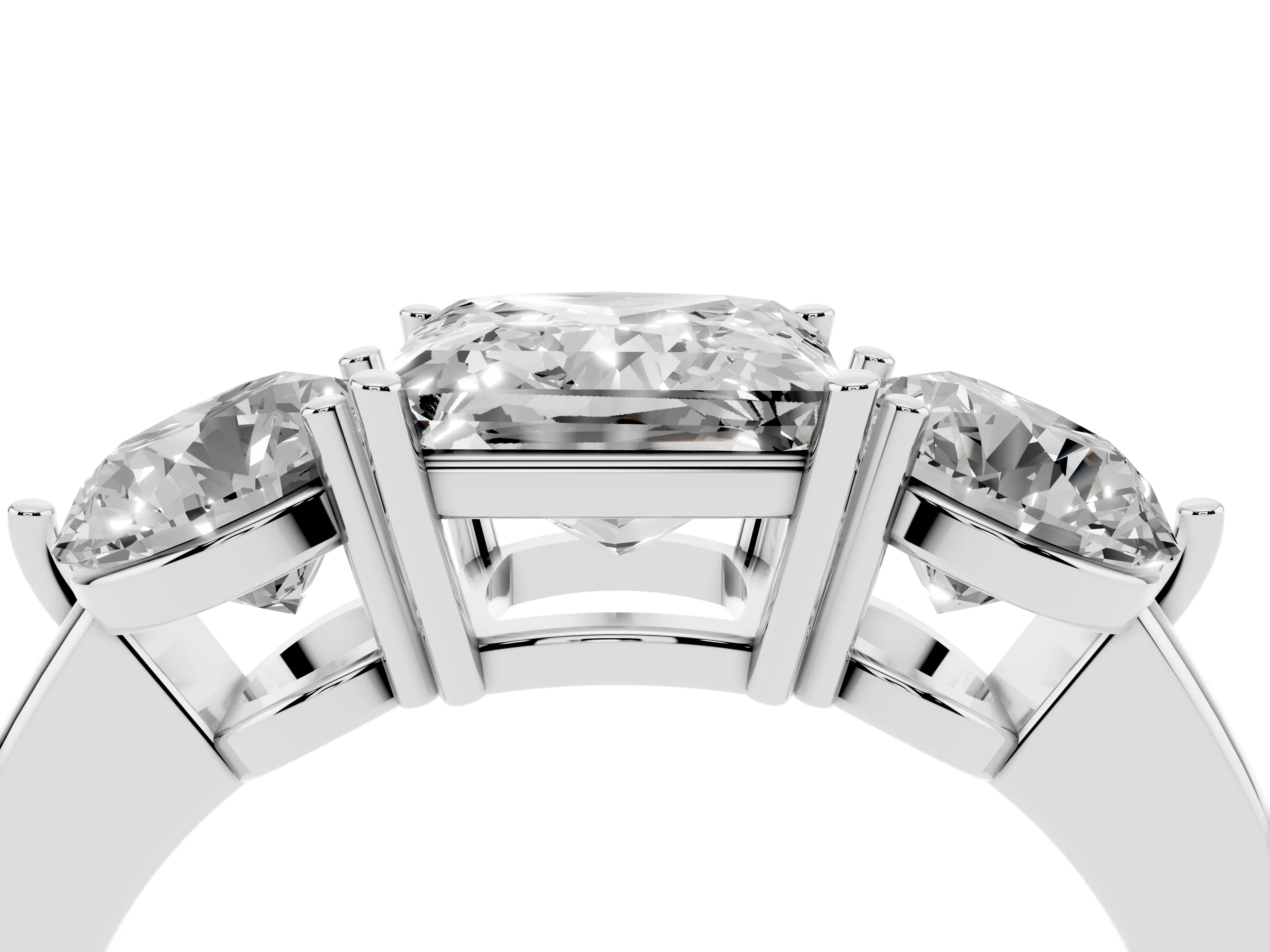 Princess Cut Diamond Three-Stone Ring Set in Silver with Prong Setting and Plain Band