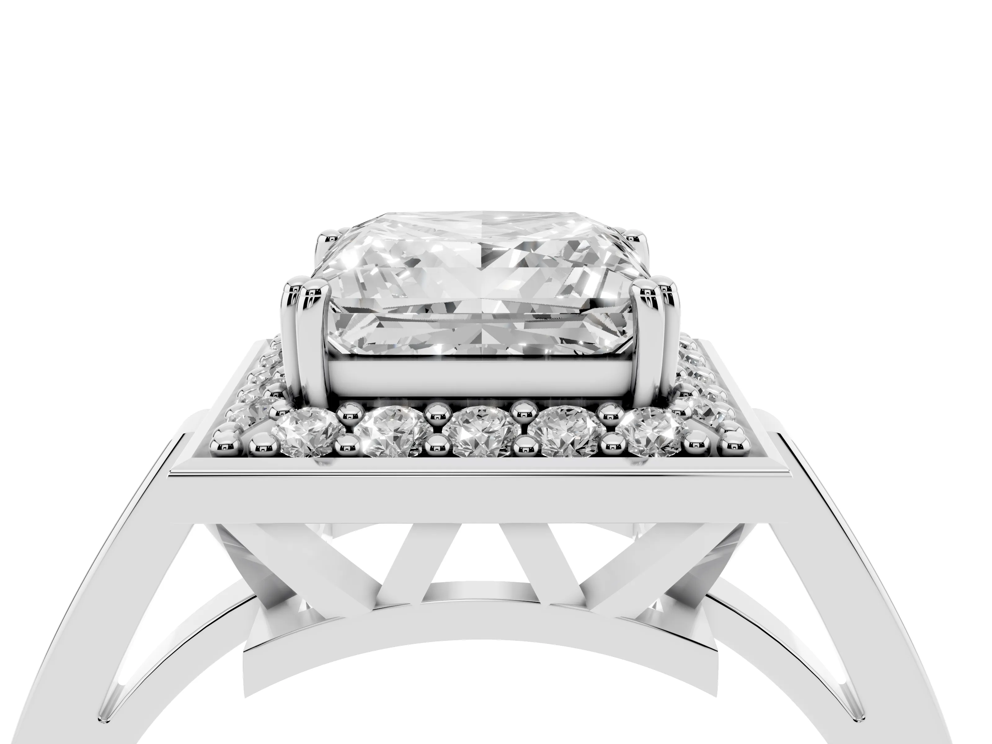 Princess Cut Diamond Halo Ring Set in White gold with Accent-Lined Split Shank and Prong Setting