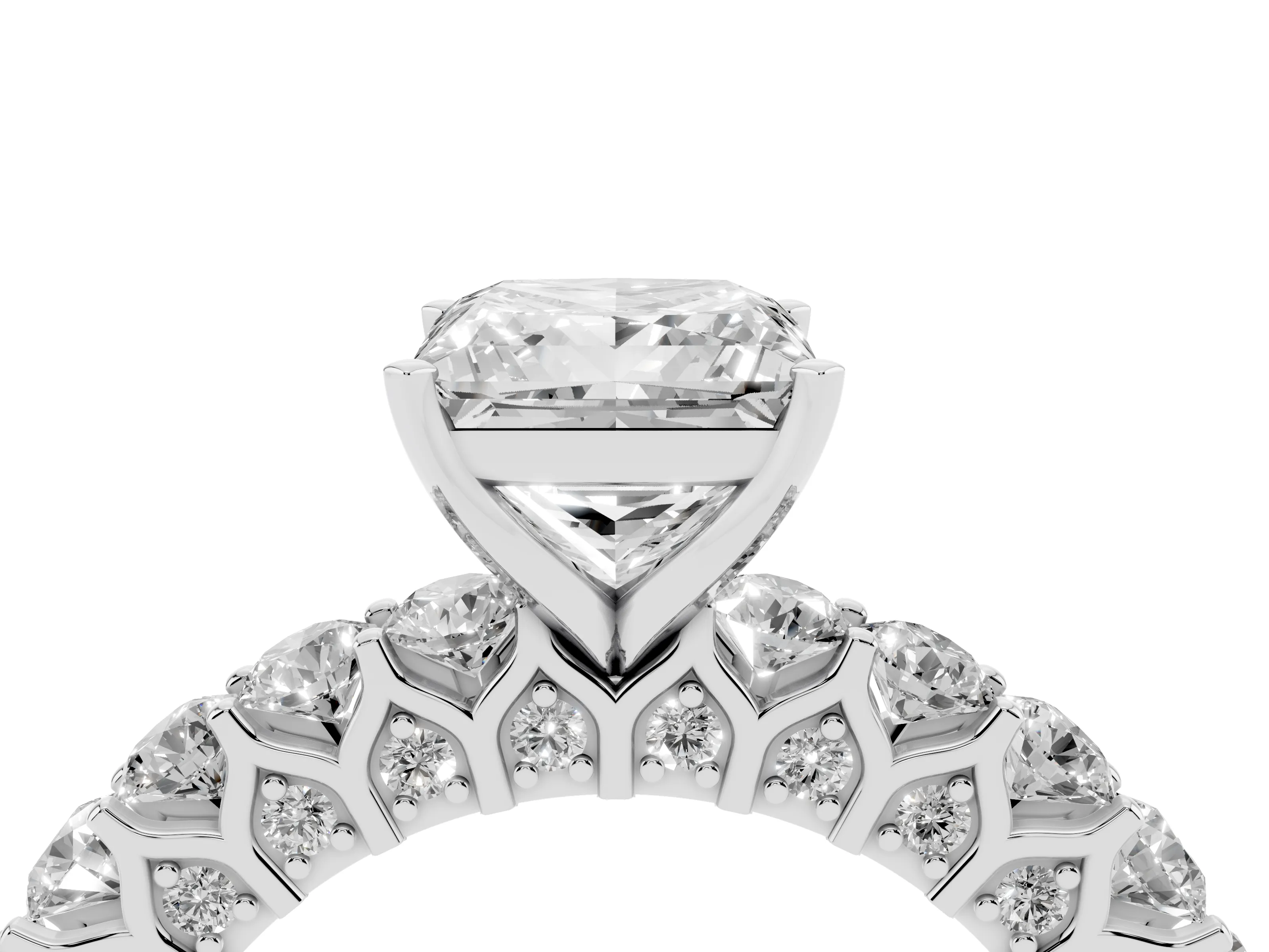 Princess Cut Diamond Solitaire Ring Set in White gold with Shared Prong Pavé Band