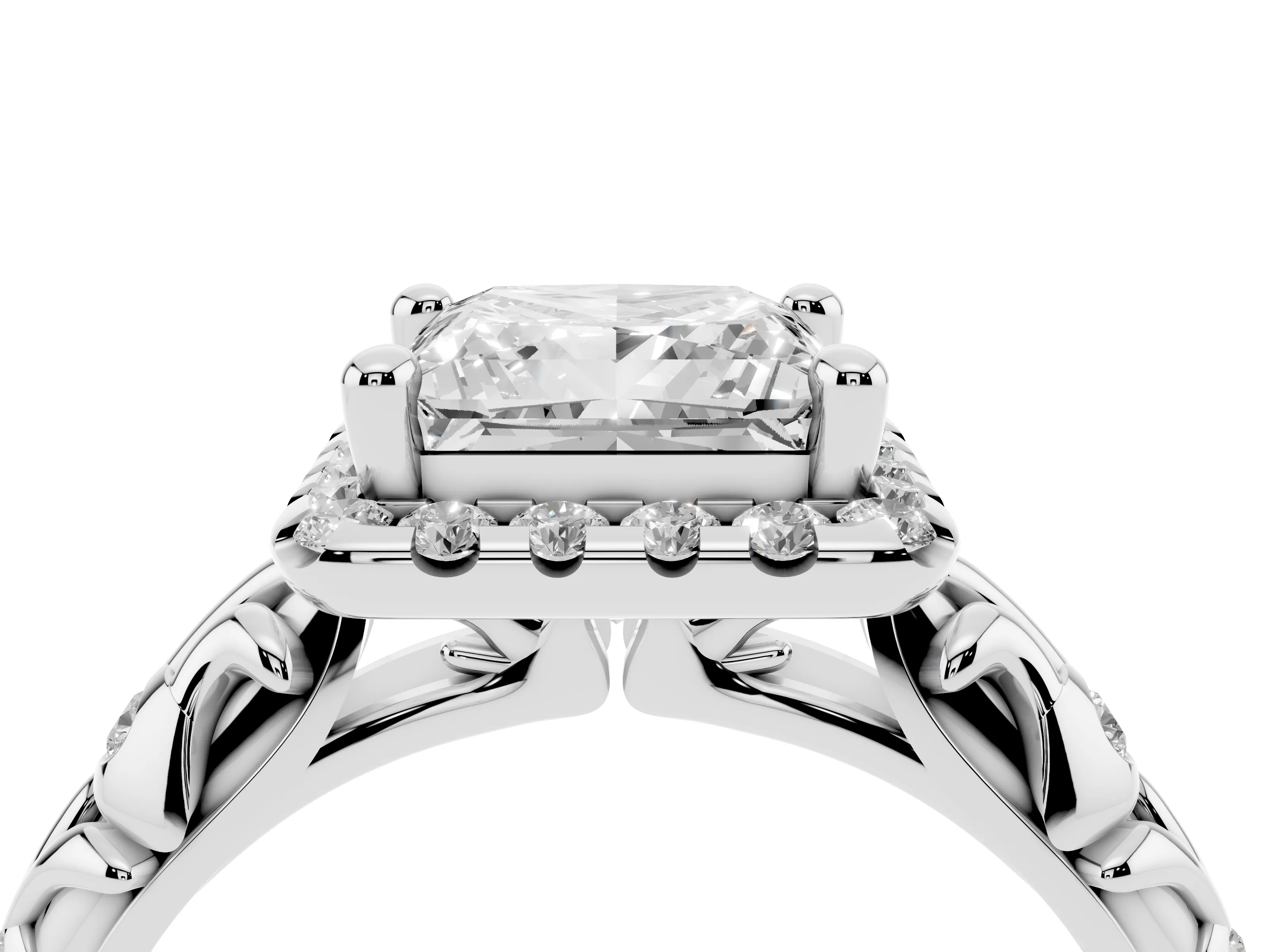 Princess Cut Diamond Halo Ring Set in Silver with Filigree Leaf Band and Prong Setting