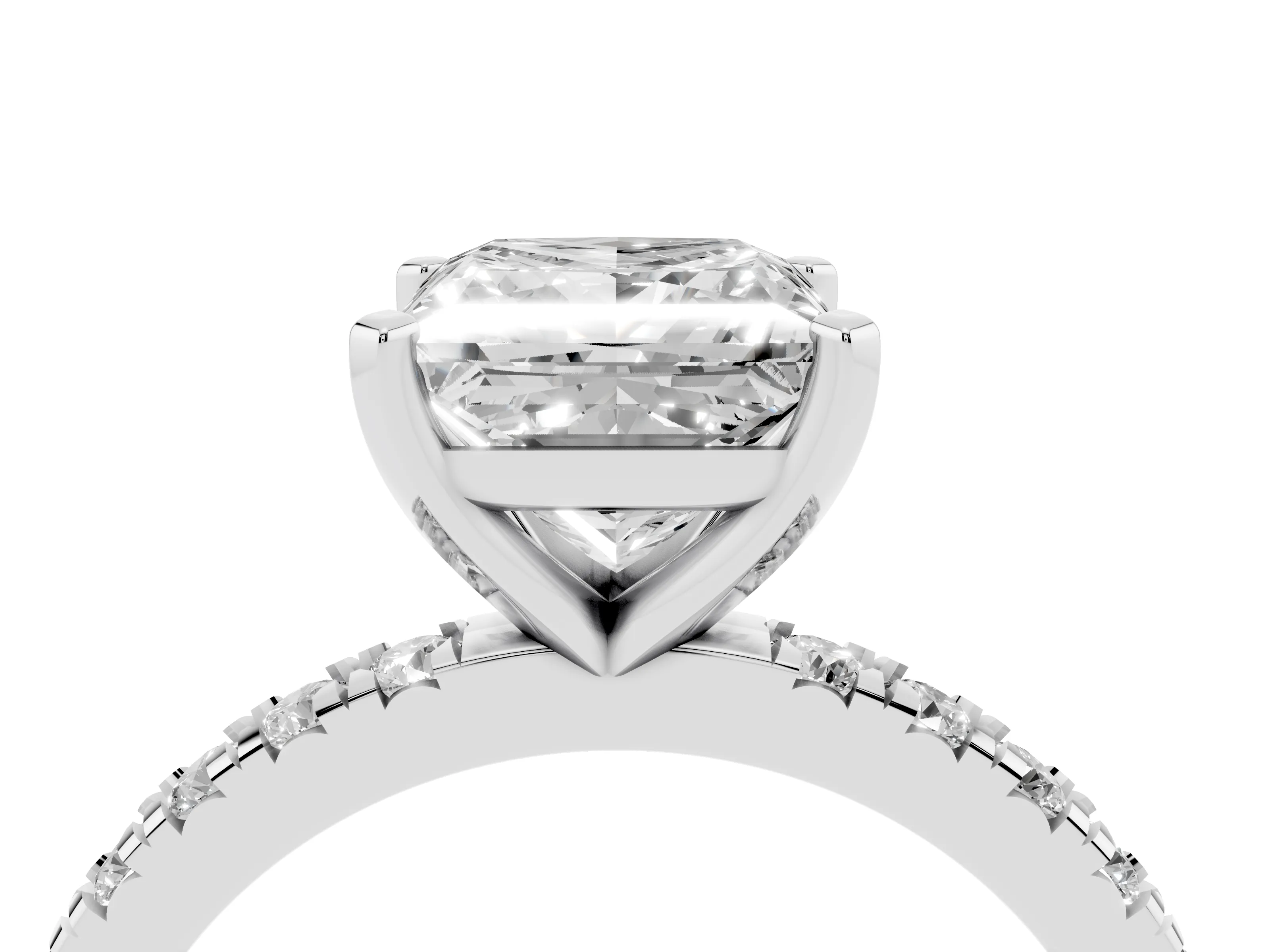 Princess Cut Diamond Pavé Band Solitaire Set in Platinum with Prong Setting