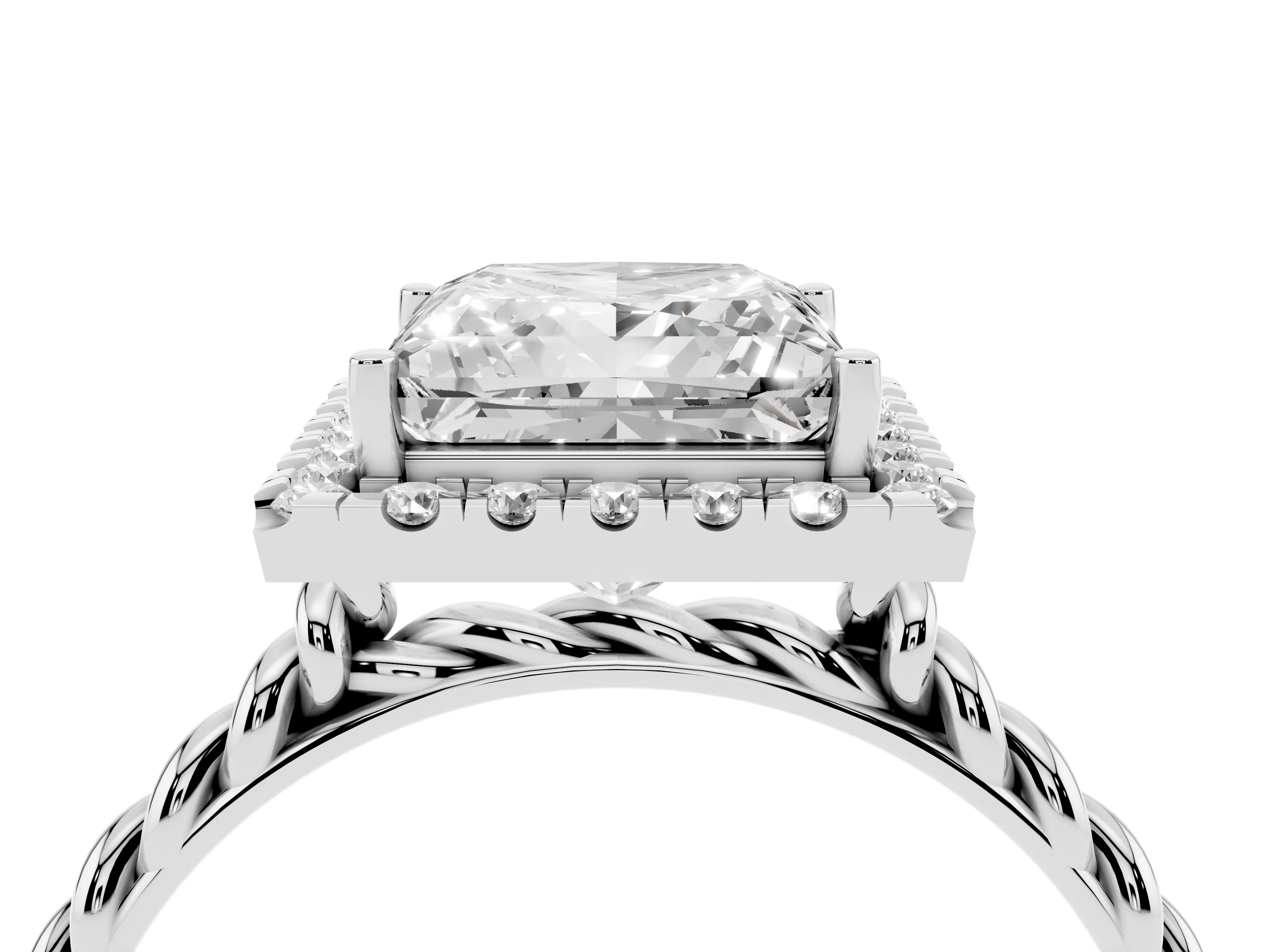 Princess Cut Diamond Halo Ring Set in Silver with Plain Twisted Band
