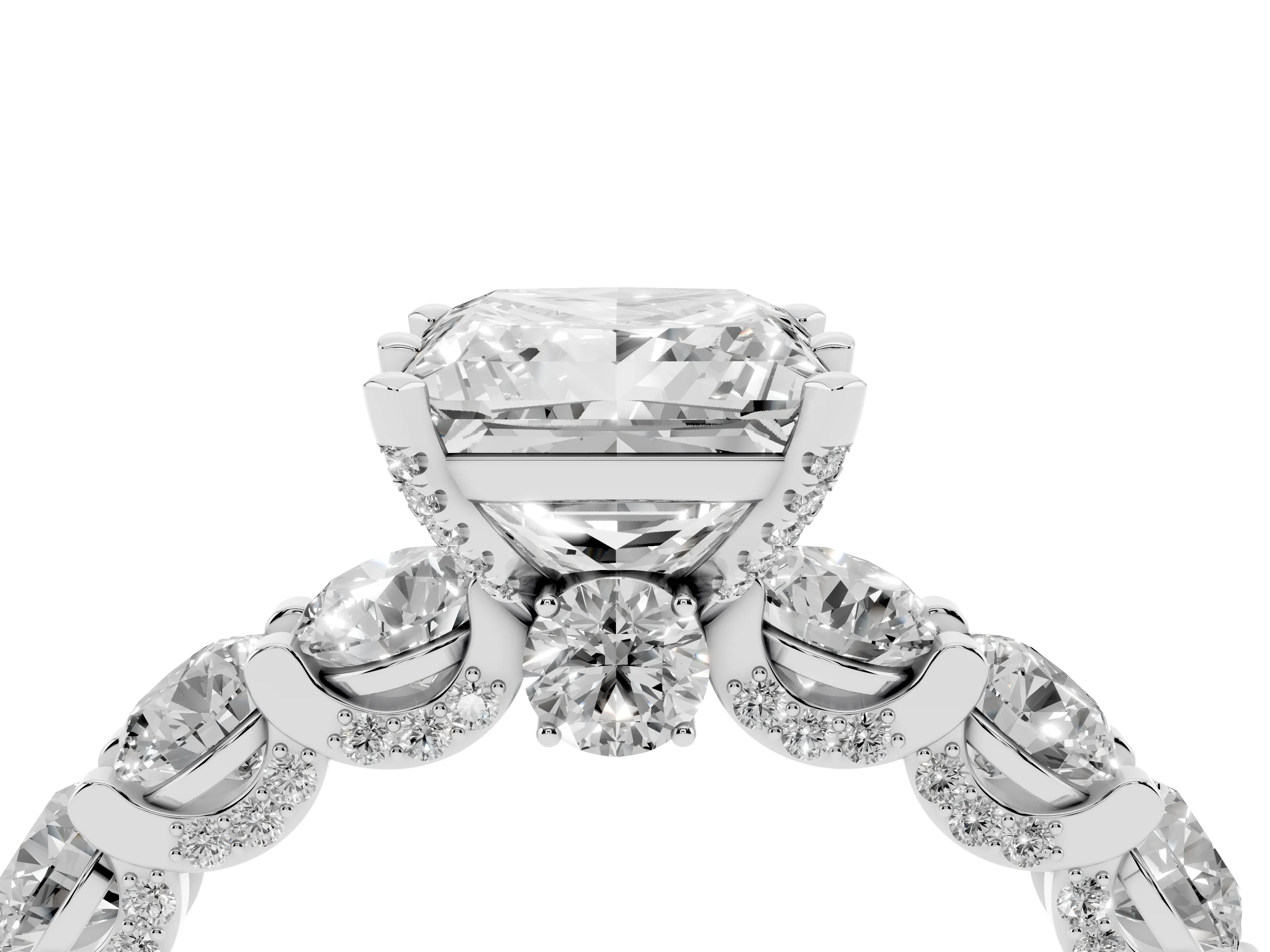 Princess Cut Diamond Side Stone Ring Set in Silver with Alternating Round and Oval Side Stones
