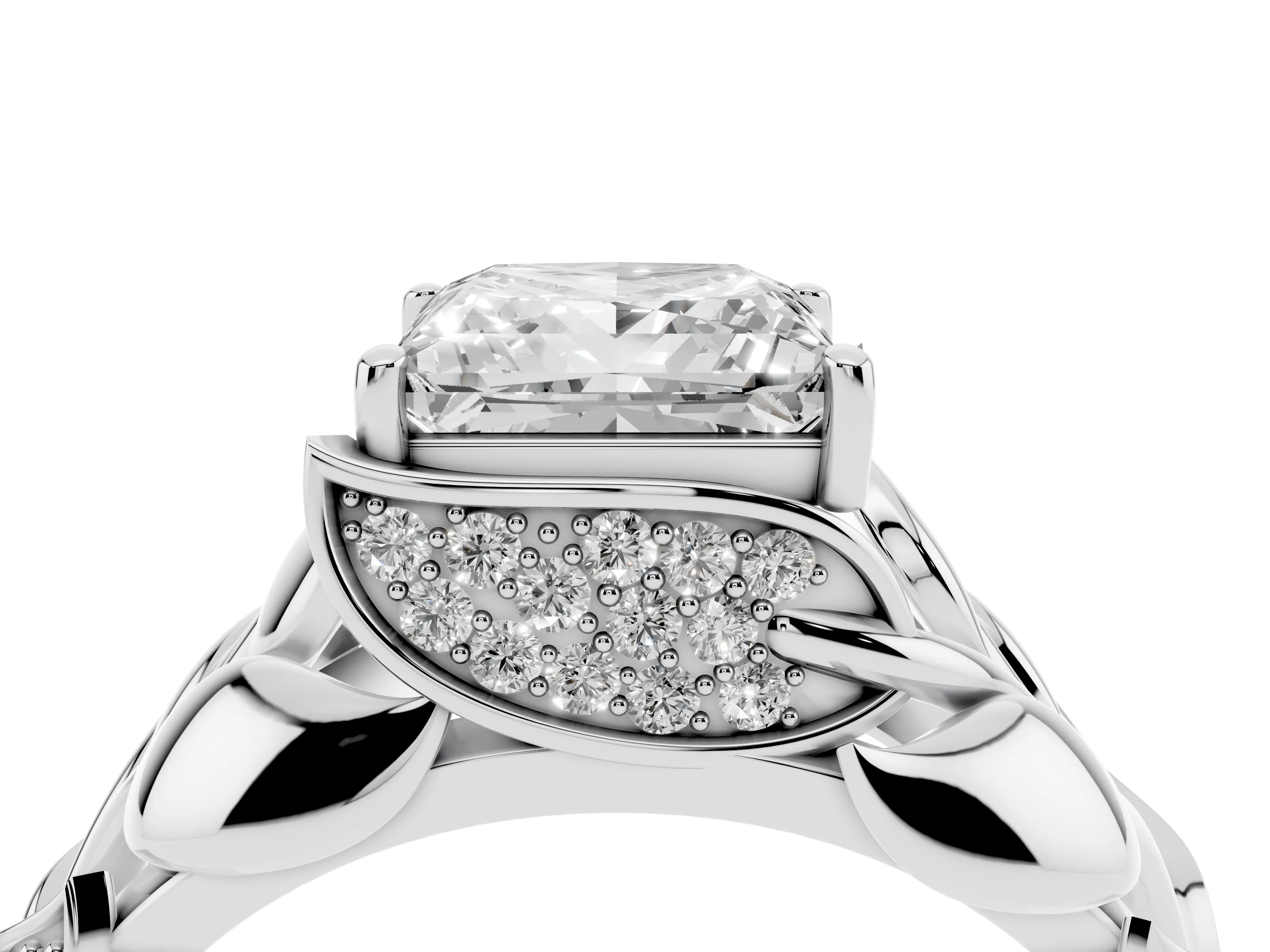Princess Cut Diamond Leaf-Inspired Engagement Ring Set in Platinum with Round Accents