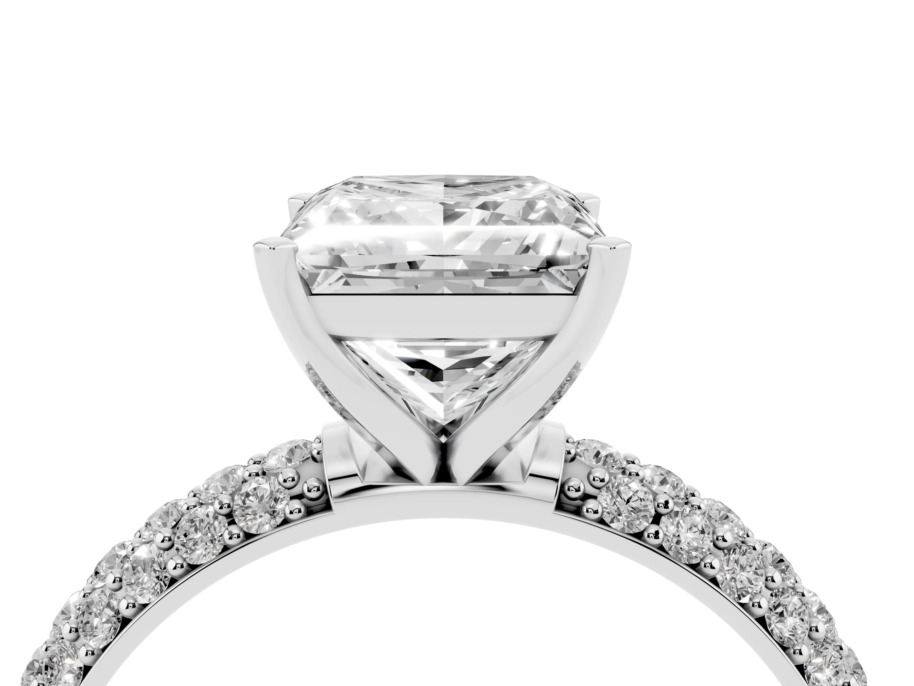 Princess Cut Diamond Solitaire Ring Set in Silver with Prong Setting and Pavé-Set Band