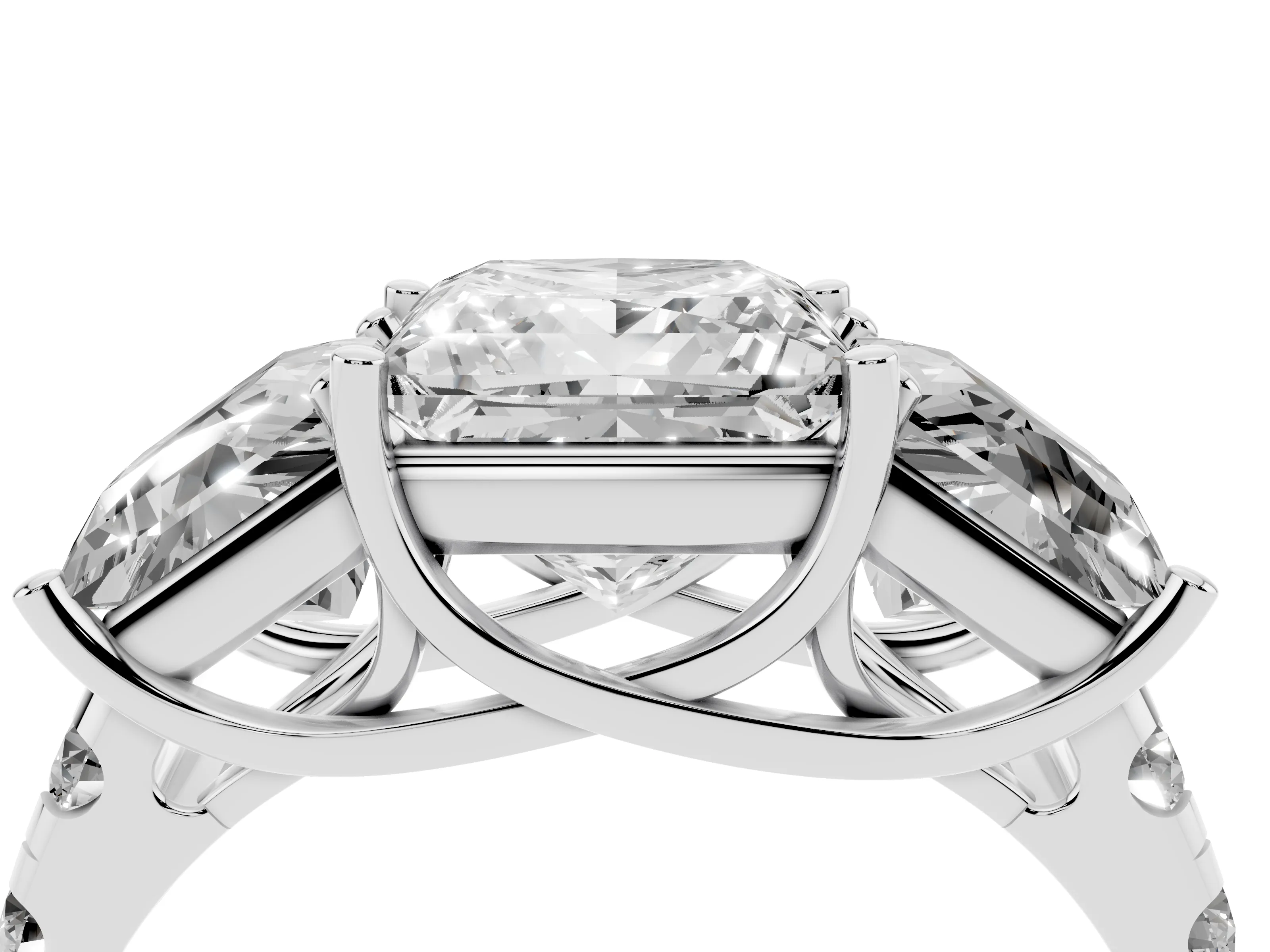 Princess Cut Diamond Three-Stone Ring Set in Silver with Pavé Band