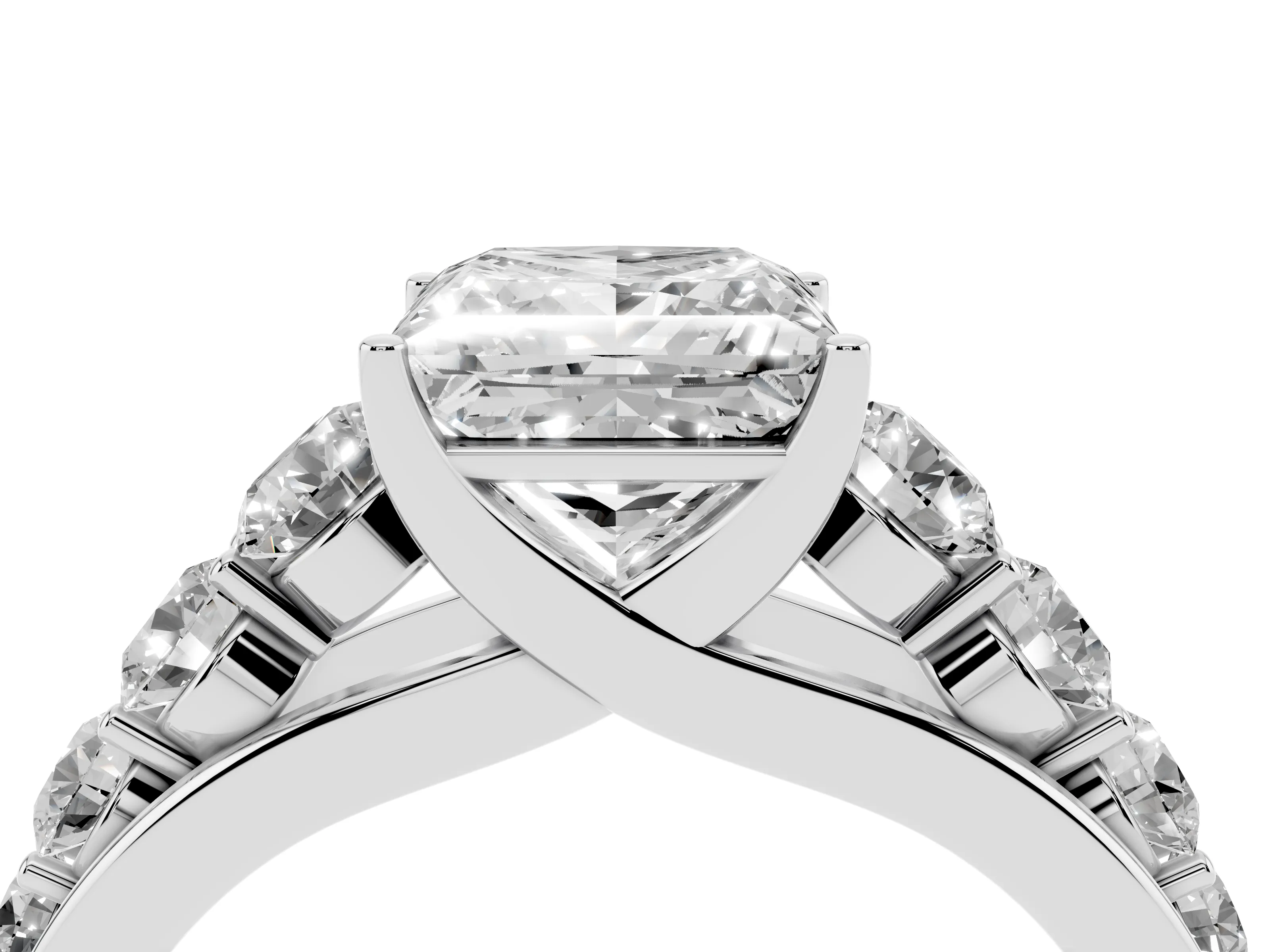 Princess Cut Diamond Solitaire Ring Set in White gold with Pavé-Set Band and Prong Setting