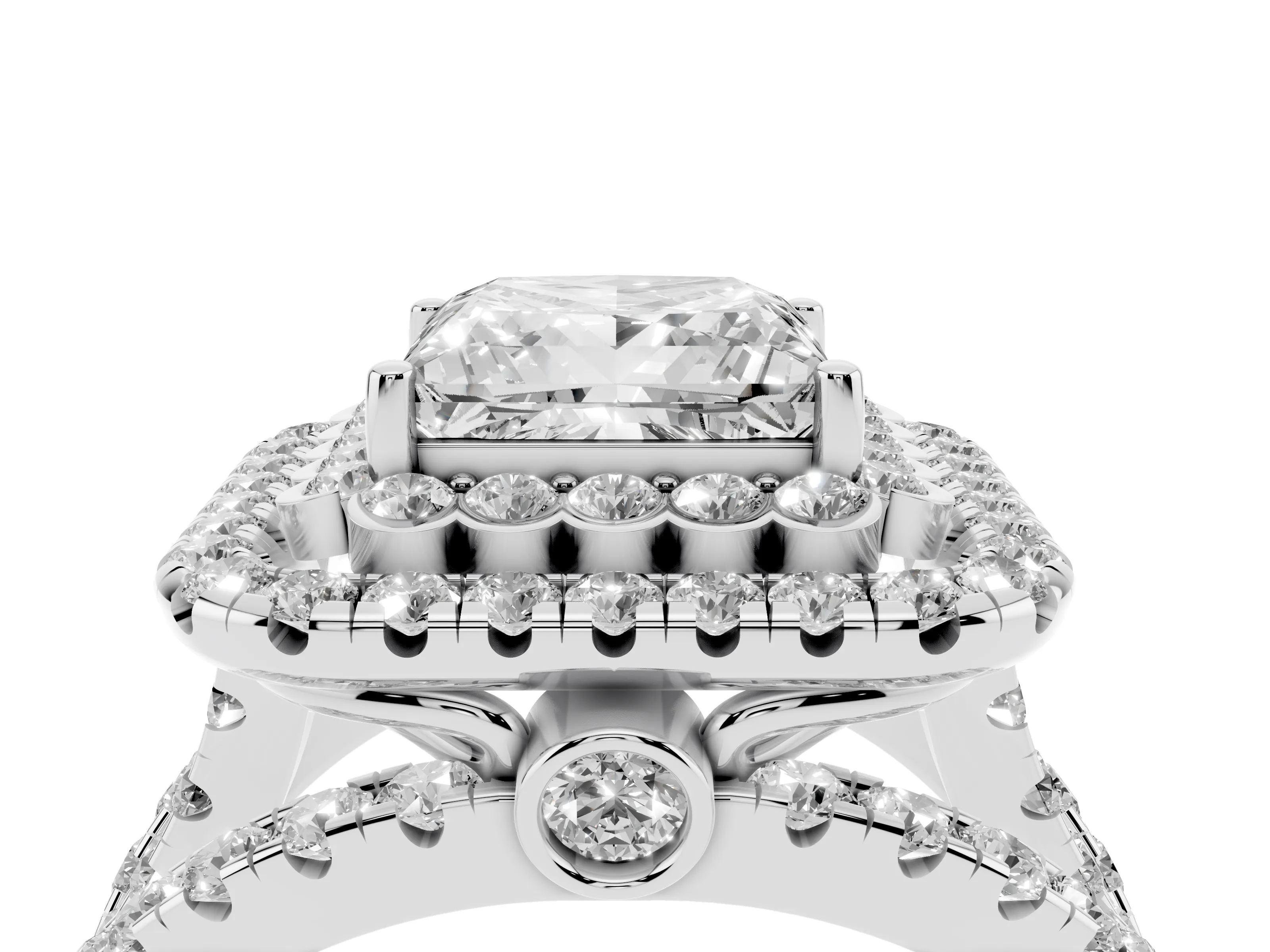 Princess Cut Diamond Double Halo Ring Set in White gold with Round Pavé Split Shank