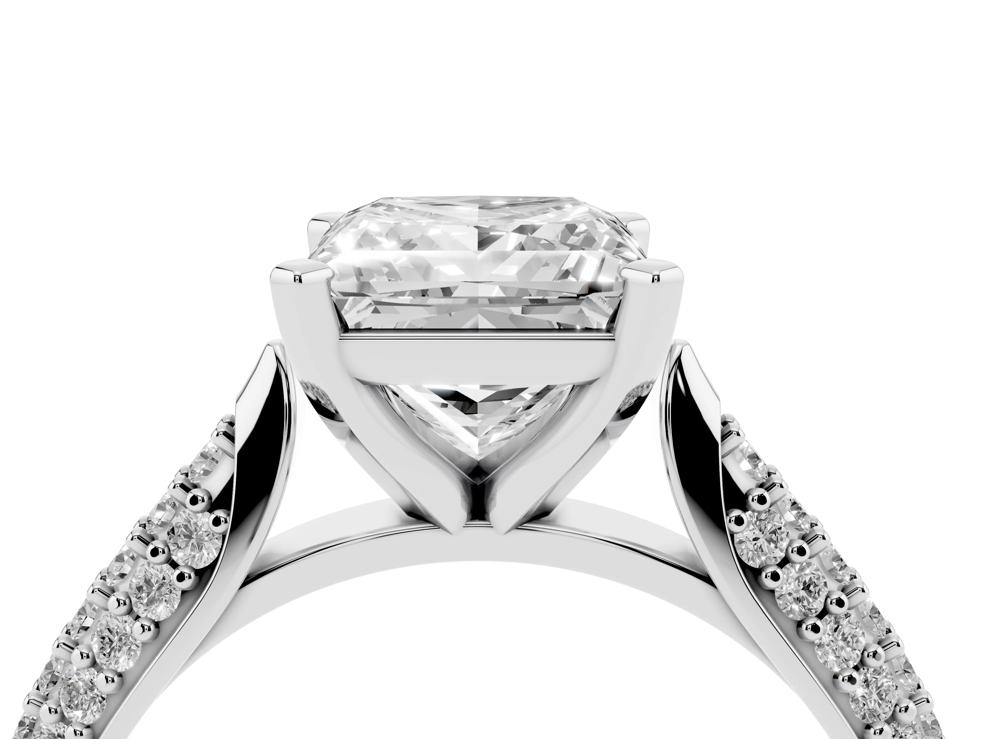 Princess Cut Diamond Solitaire Engagement Ring Set in White gold with Multi-Row Round Pavé Band and Prong Setting